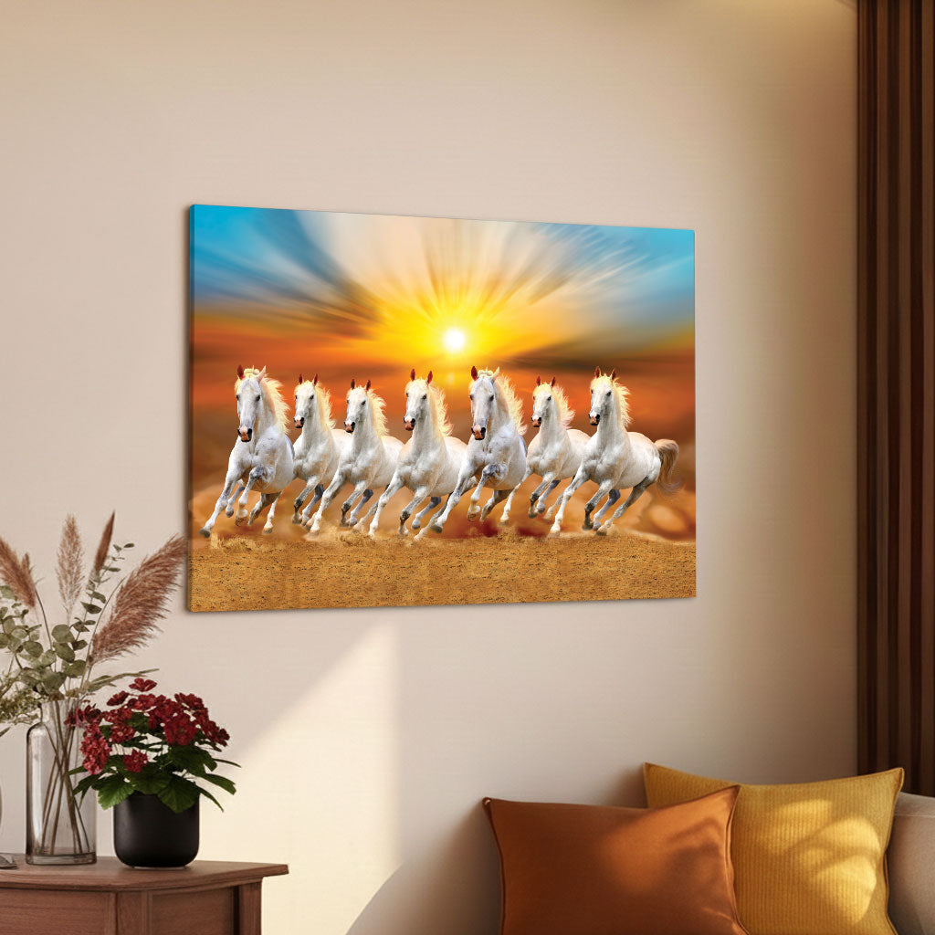 The Castle Decor 7 Running White Horses Wall Painting, Sunrise Sunset Theme, Vastu Wall Art for Living Room, Office, Bedroom Decor 16x24 1005