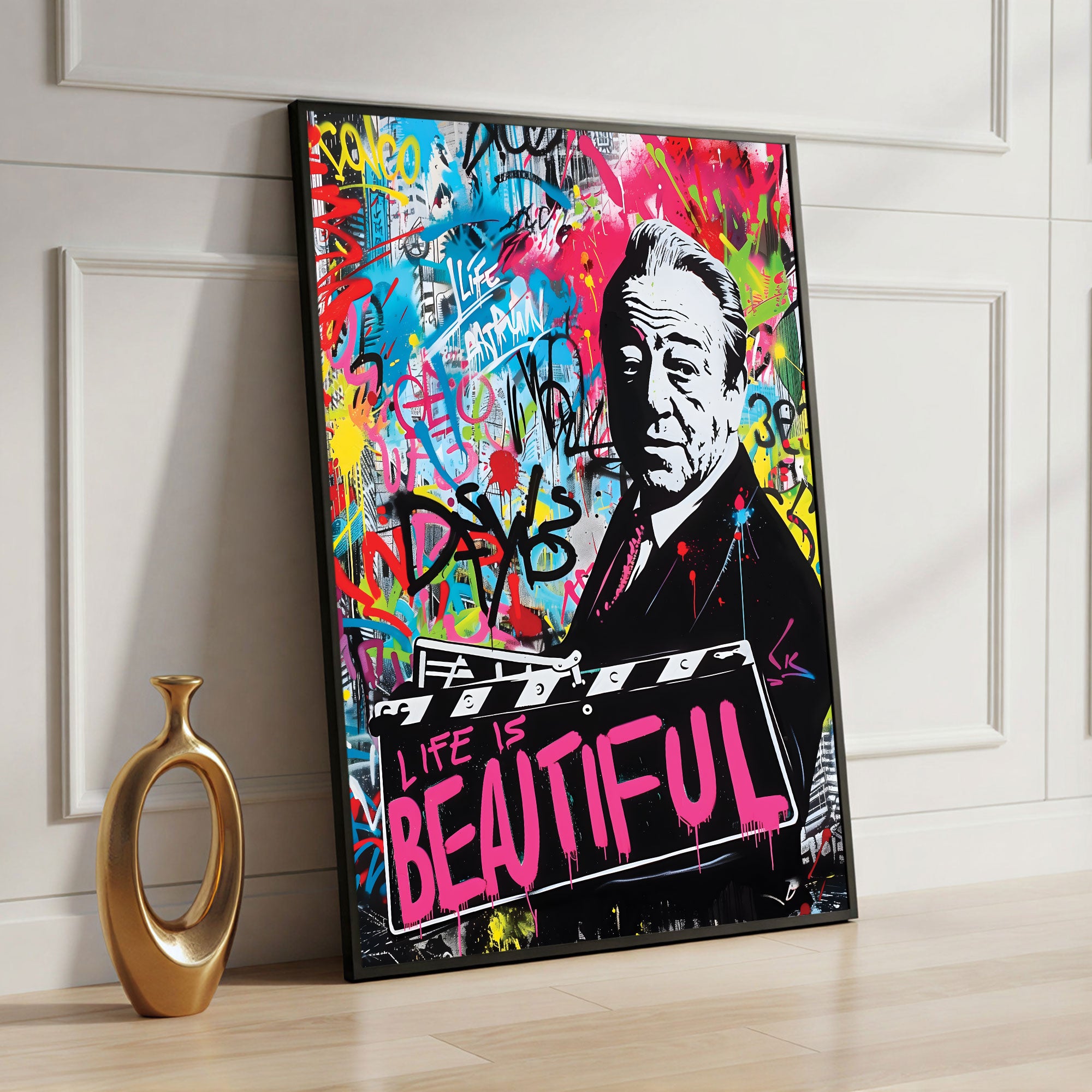 The Castle Decor Life Is Beautiful Pop Art Wall Art – Cinematic Graffiti Portrait Motivational Artwork with Premium Sparkle Finish, 20×30 Inch Wall Décor for Home & Office