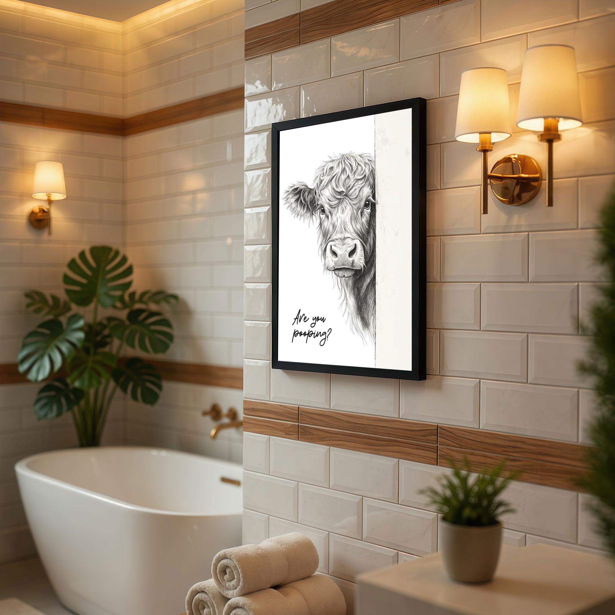 The Castle Decor Funny Highland Cow Peeking Are You Pooping Framed Wall Art – Rustic Farmhouse Animal Sketch Framed Poster, Humorous Country Bathroom Restroom Decor