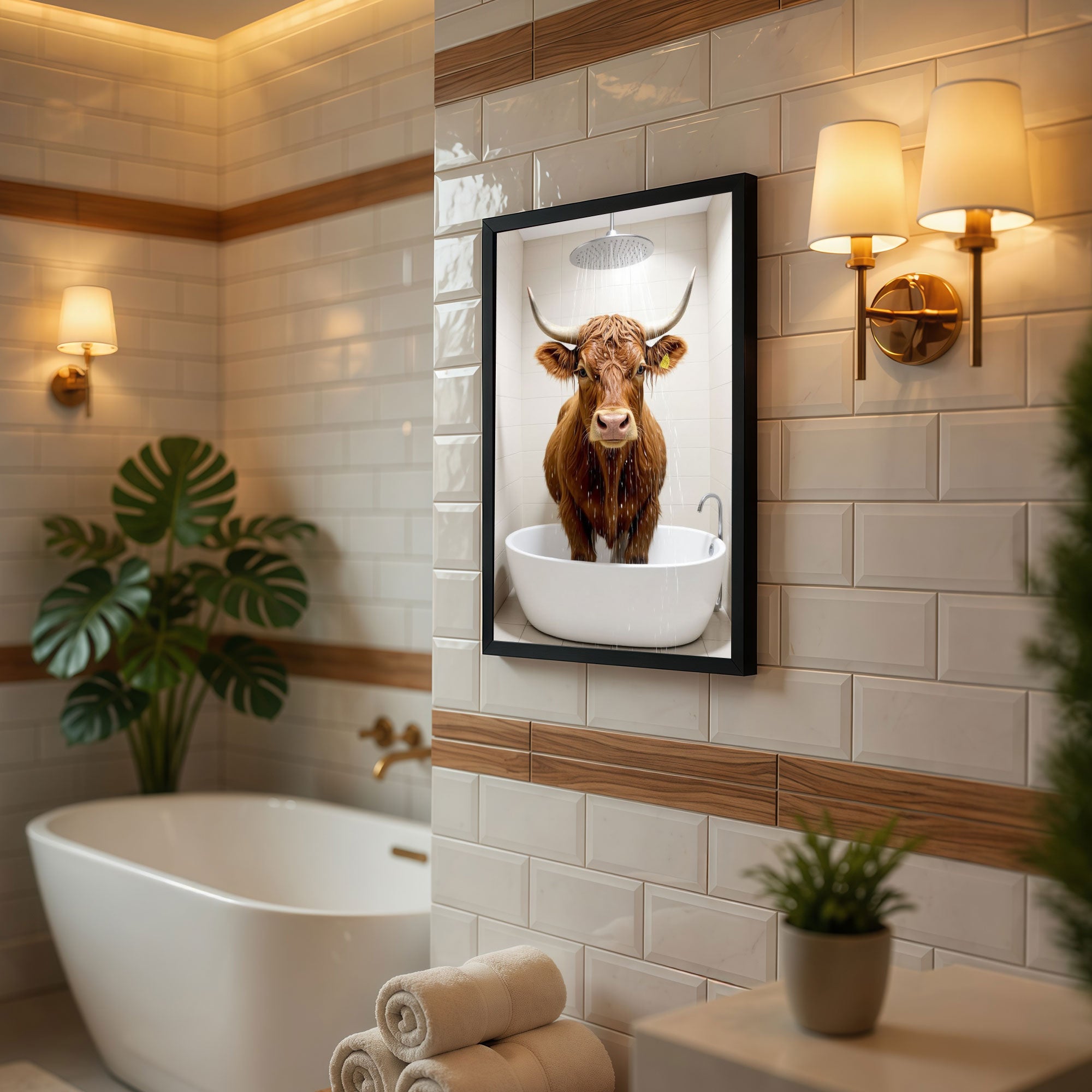 The Castle Decor Funny Highland Cow taking a Shower Framed Wall Art – Cute Fluffy Bull in Bathtub under Shower Head Framed Poster, Rustic Farmhouse Bathroom Decor