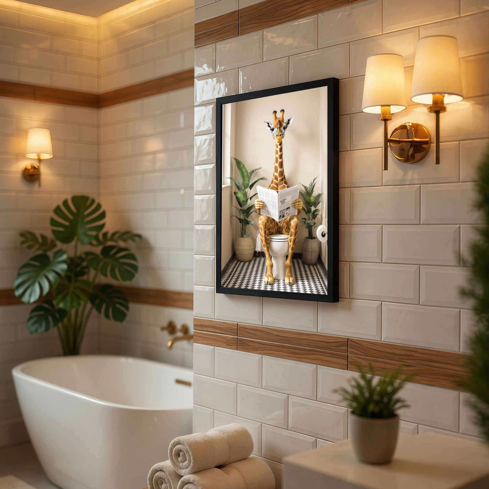 The Castle Decor Funny Giraffe Reading Newspaper on Toilet Framed Wall Art – Whimsical Animal sitting on Commode Framed Poster, Cute Restroom & Powder Room Wall Decor