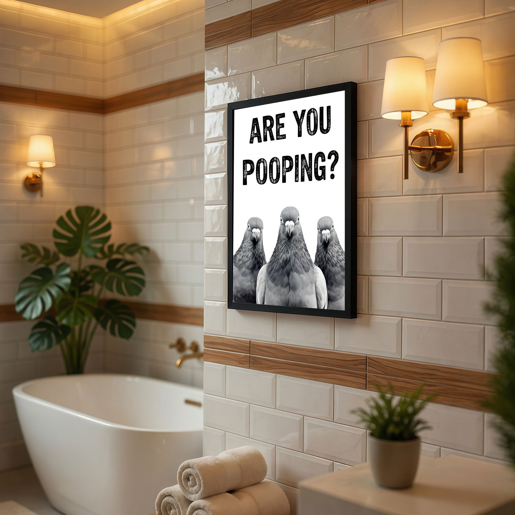 The Castle Decor Funny Are You Pooping Pigeons Framed Wall Art – Humorous Animal Text Poster, Black and White Bird Picture, Quirky Restroom & Guest Bathroom Decor