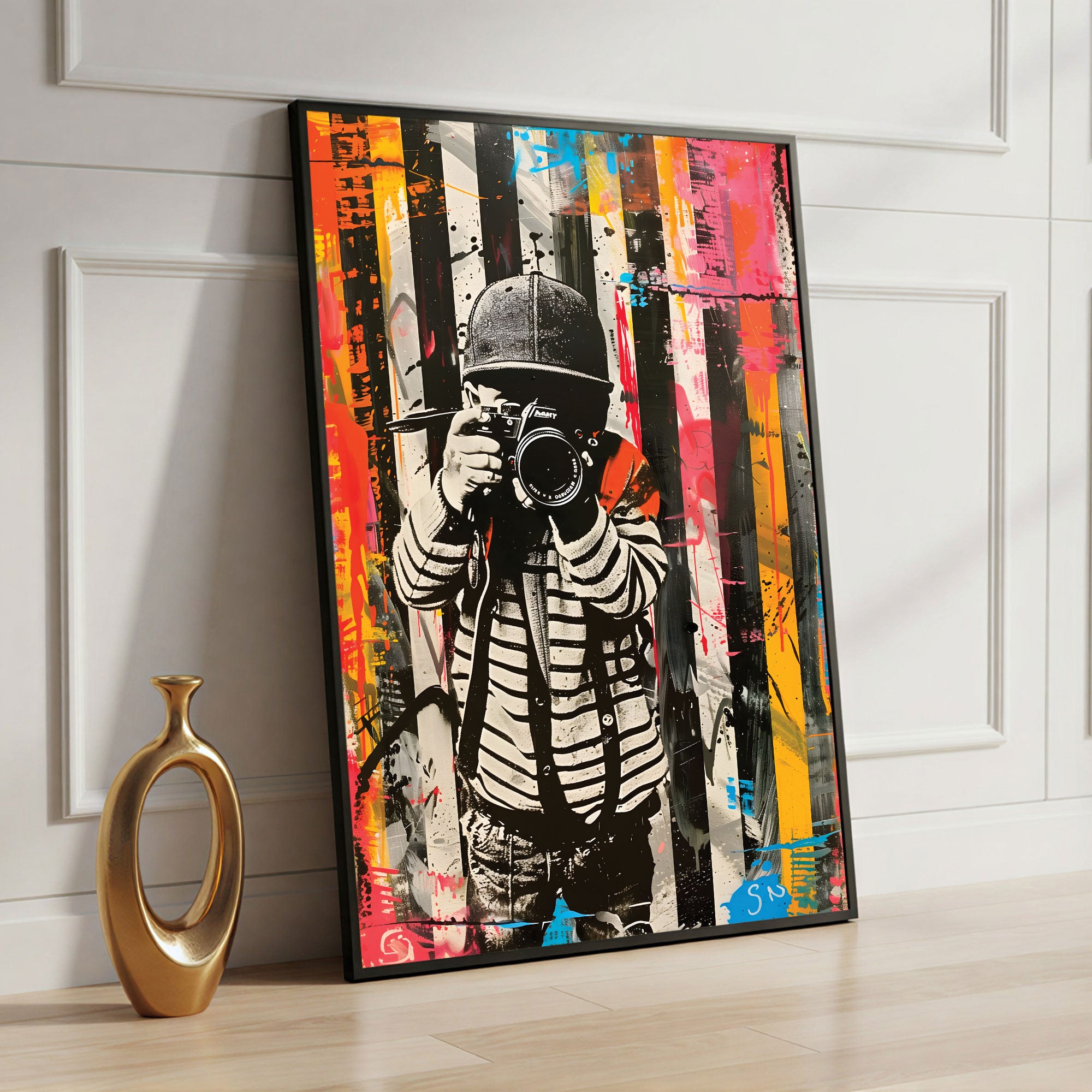 The Castle Decor Urban Photographer Street Art Wall Art – Modern Camera Artwork with Abstract Graffiti Background, Premium Sparkle Finish, 20×30 Inch Studio Wall Décor