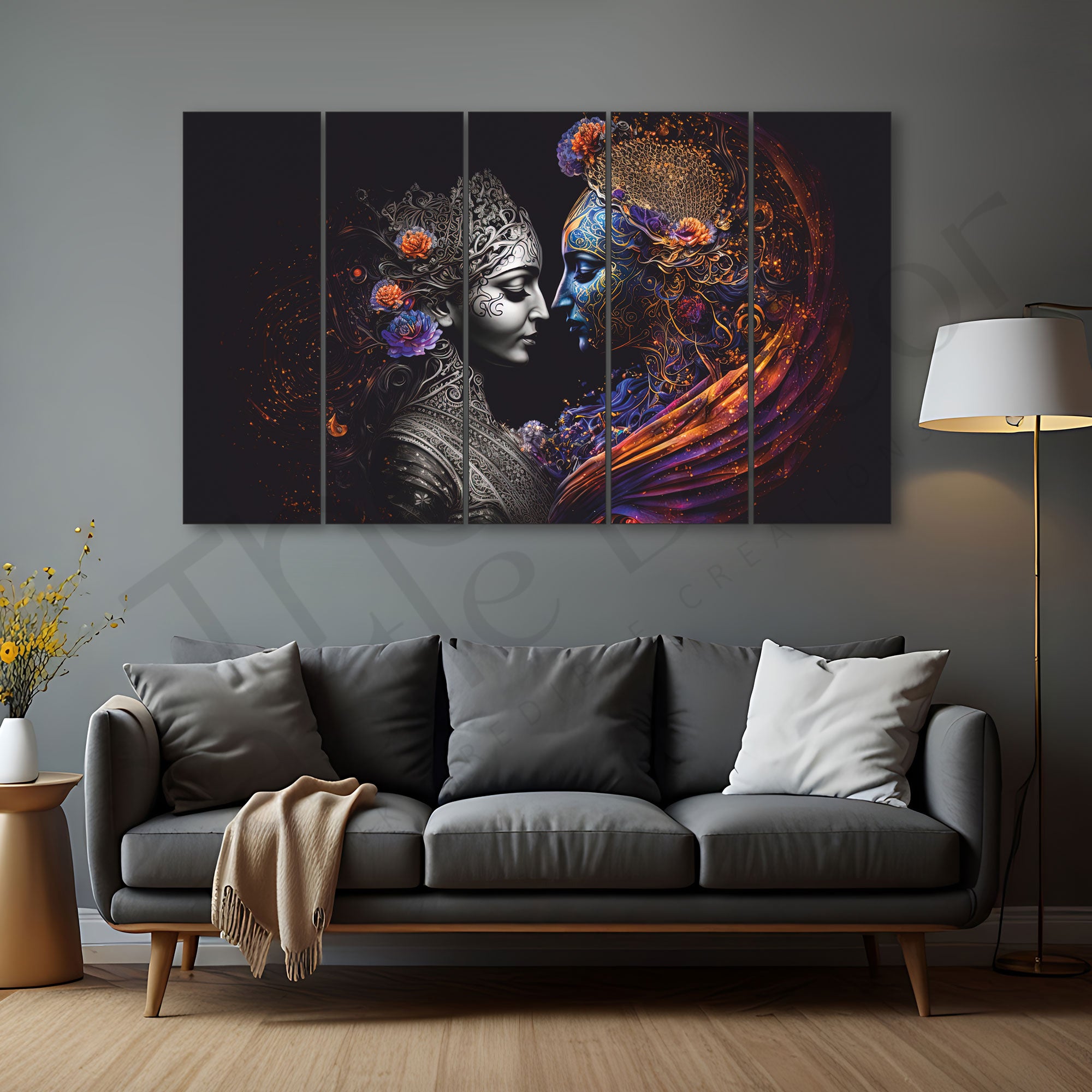 Radha-krishan eternal love Set of 5 Big Size Multiple Frames Wall Art Painting for living room,Bedroom,Drawing room,Hotels-Wooden Framed-Digital Painting 27x48"