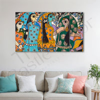 Madhubani painting from Mithila Bihar Set of 5 Big Size Multiple Frames Wall Art Painting for living room,Bedroom,Drawing room,Hotels-Wooden Framed-Digital Painting