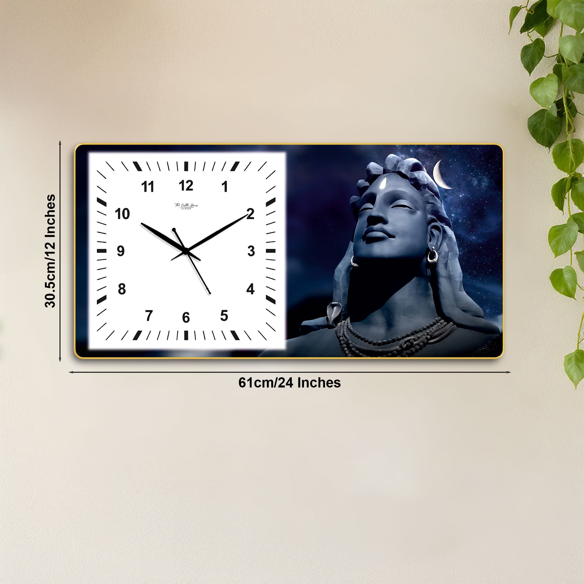 The Castle Decor Adiyogi Shiva Decorative Wall Clock 24x12 Inch, Silent Sweep Non-Ticking Modern Wall Clock with Golden Slim Frame