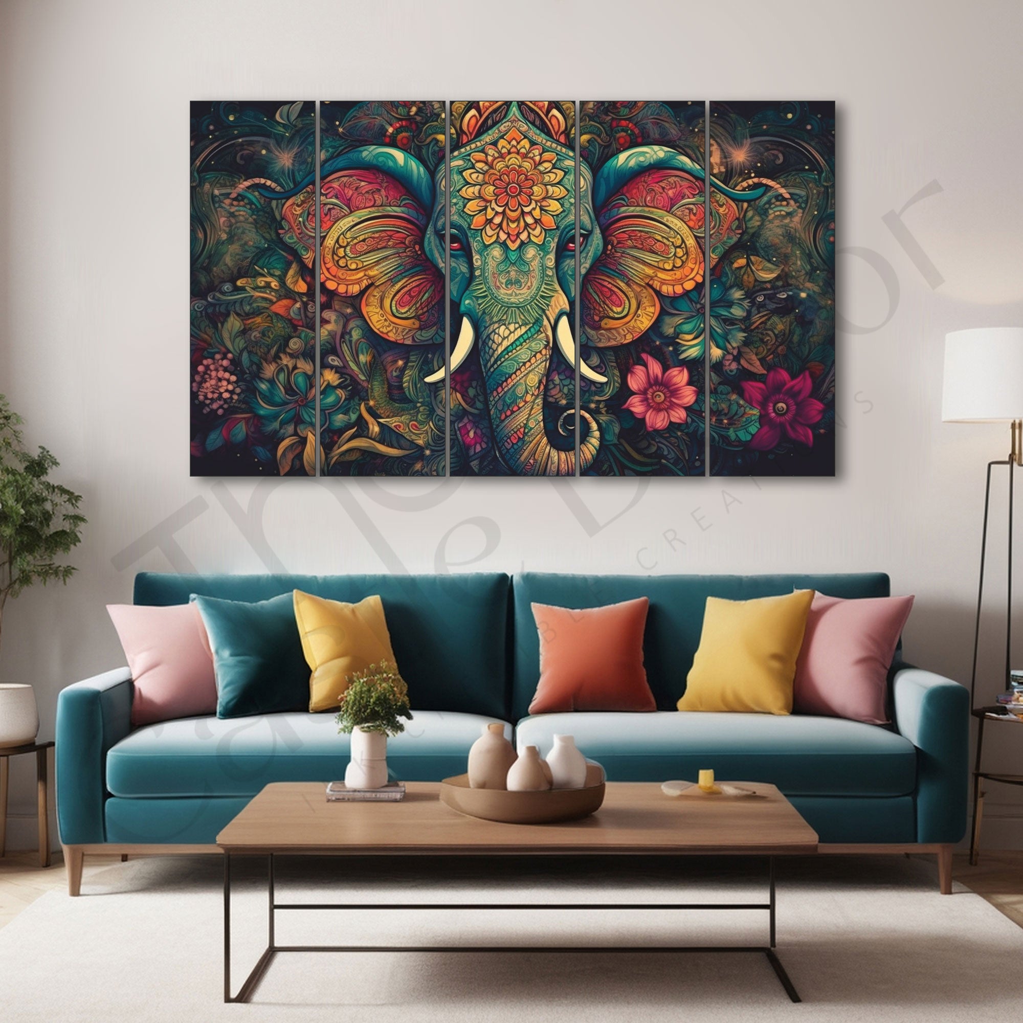 Gentle Majesty Elephant Head Floating Set of 5 Big Size Multiple Frames Wall Art Painting for living room,Bedroom,Drawing room,Hotels-Wooden Framed-Digital Painting 27x48"