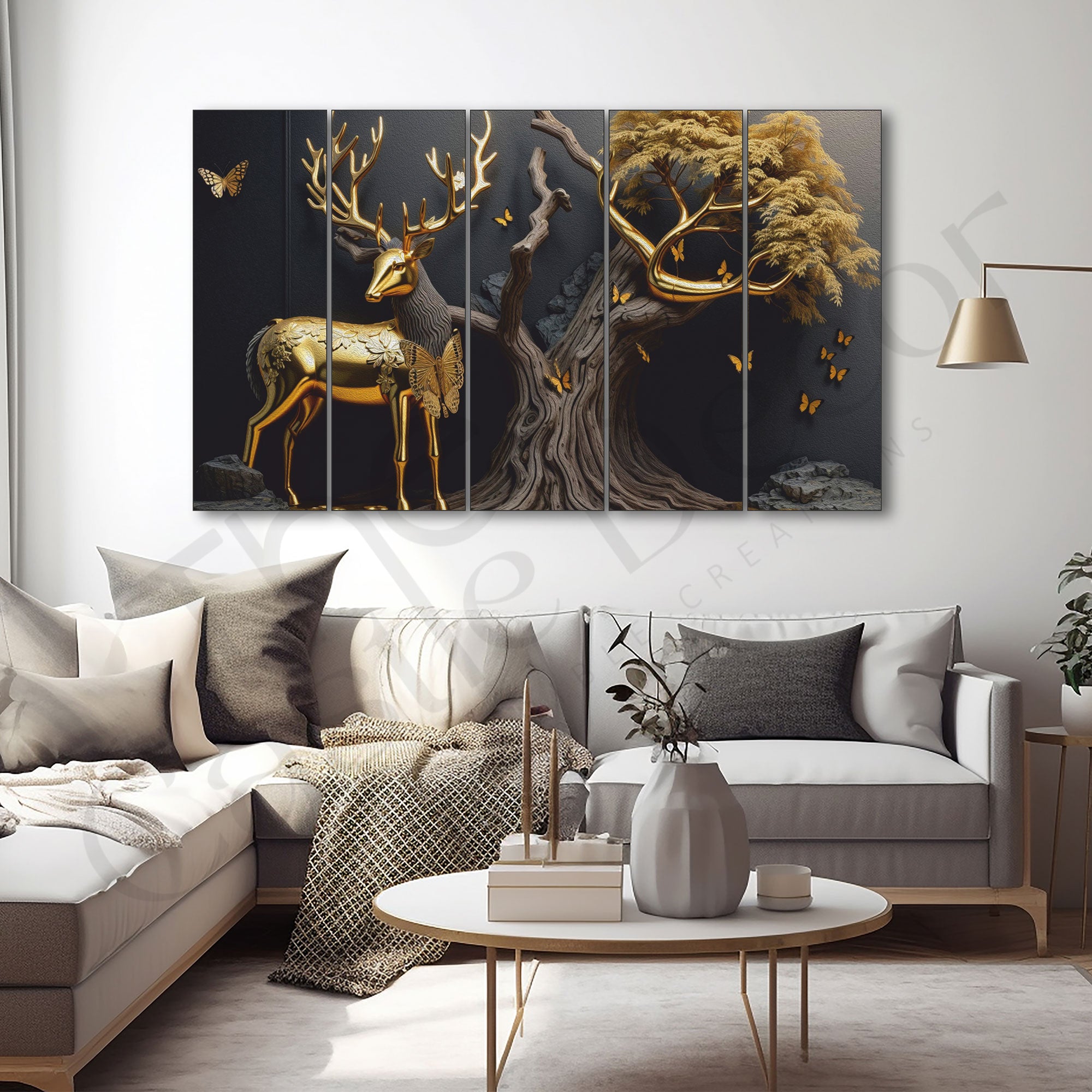 Golden Deer Painting Set of 5 for Home Decoration