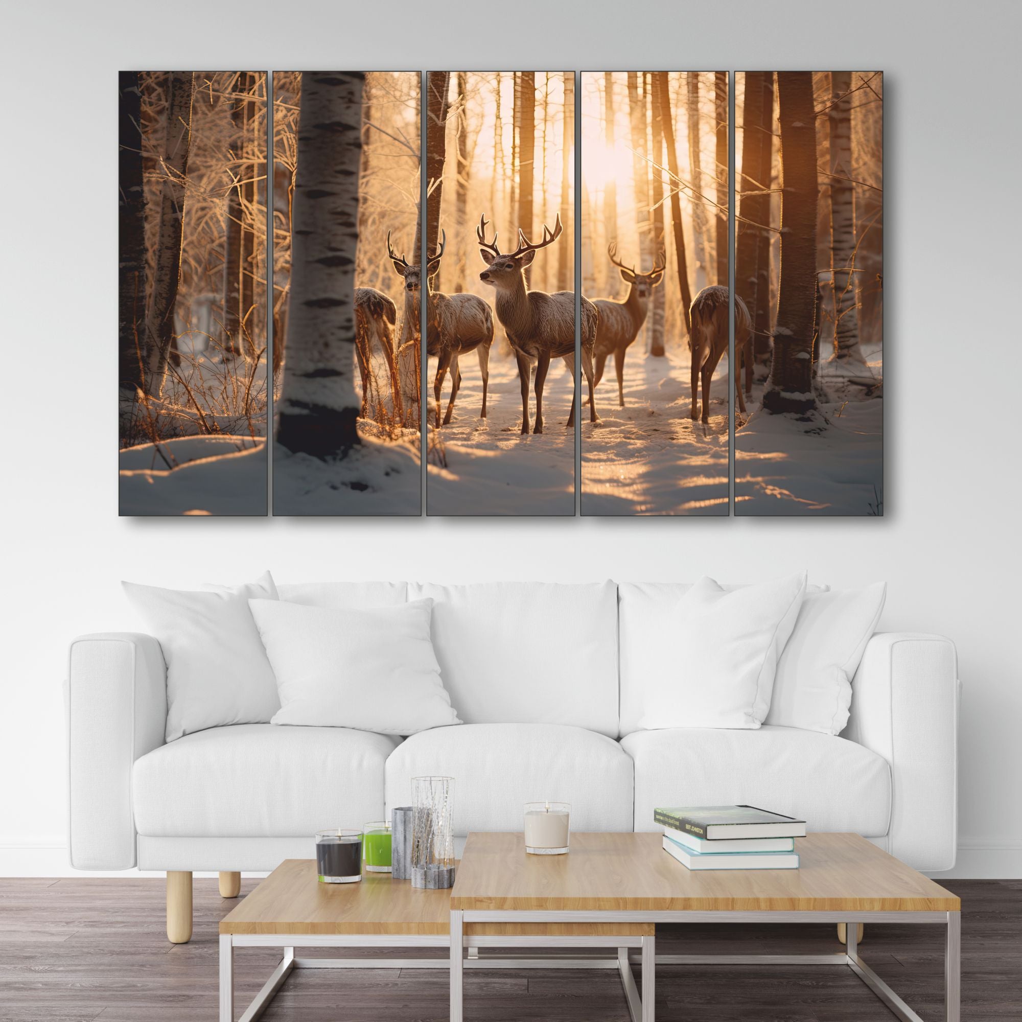 5 Reindeer Autumn Jungle Sunrise Set of 5 Big Size Multiple Frames Wall Art Painting for living room,Bedroom,Drawing room,Hotels-Wooden Framed-Digital Painting