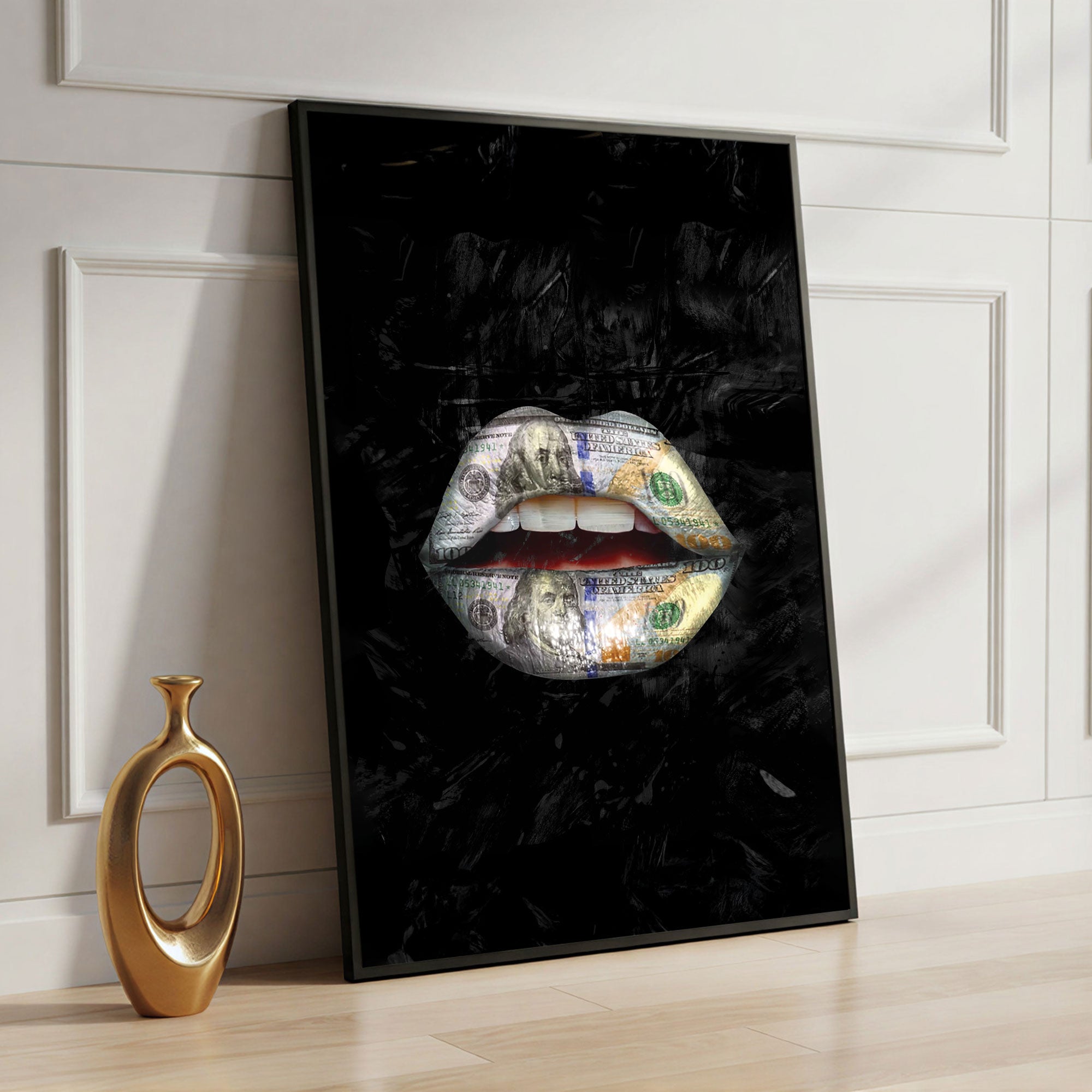 The Castle Decor Money Lips Wall Art – Abstract Dollar Pop Art Artwork, Modern Luxury Sparkle Finish Wall Décor, 20×30 Inch for Home & Office