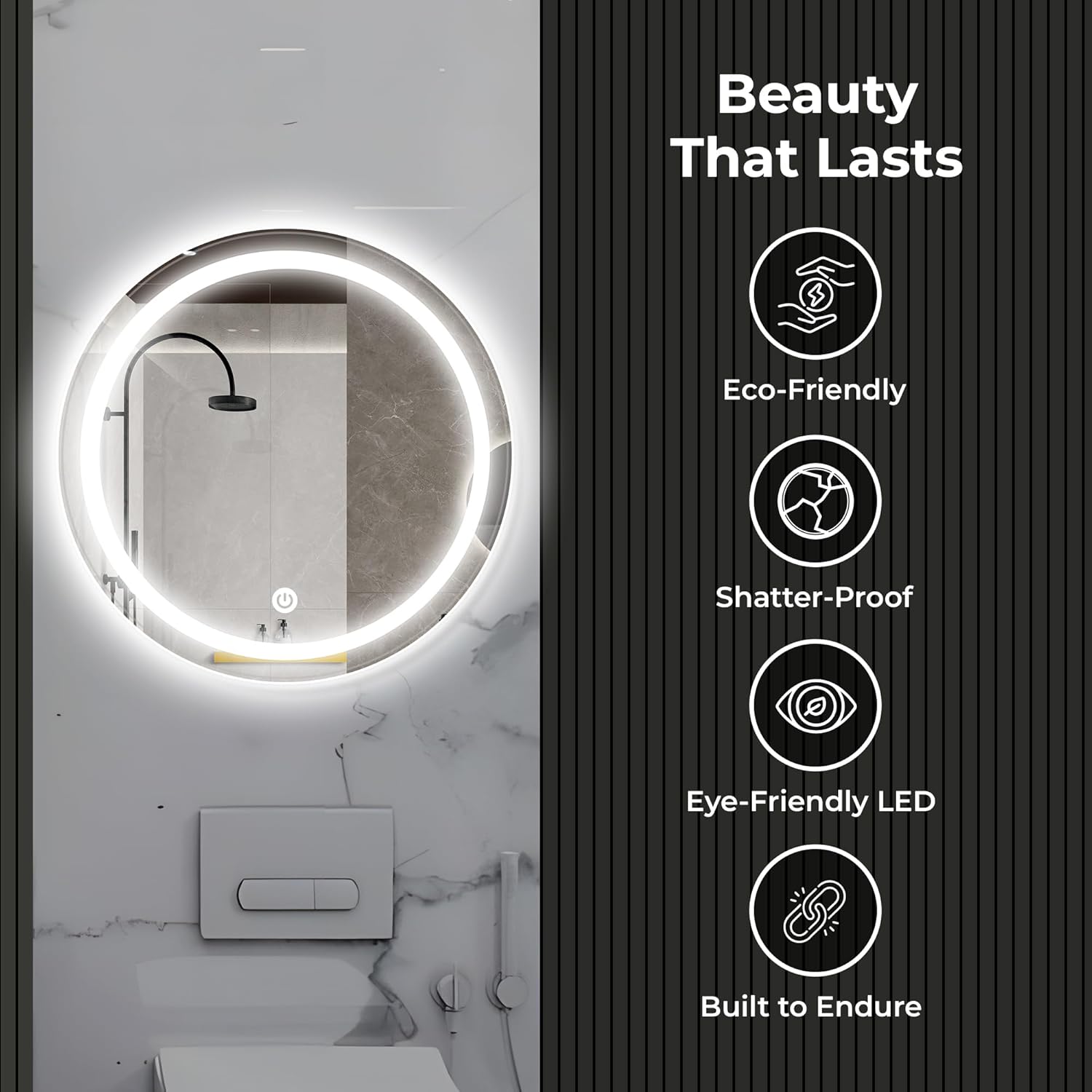 The Castle Decor Round LED Bathroom Mirror, 24 x 24 Inch, 3 Light Modes, Touch Control
