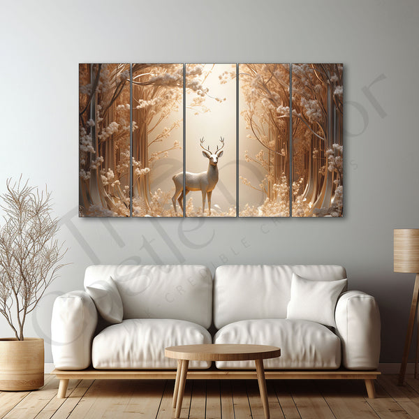 White Golden Deer Painting Set of 5 for Home Decoration