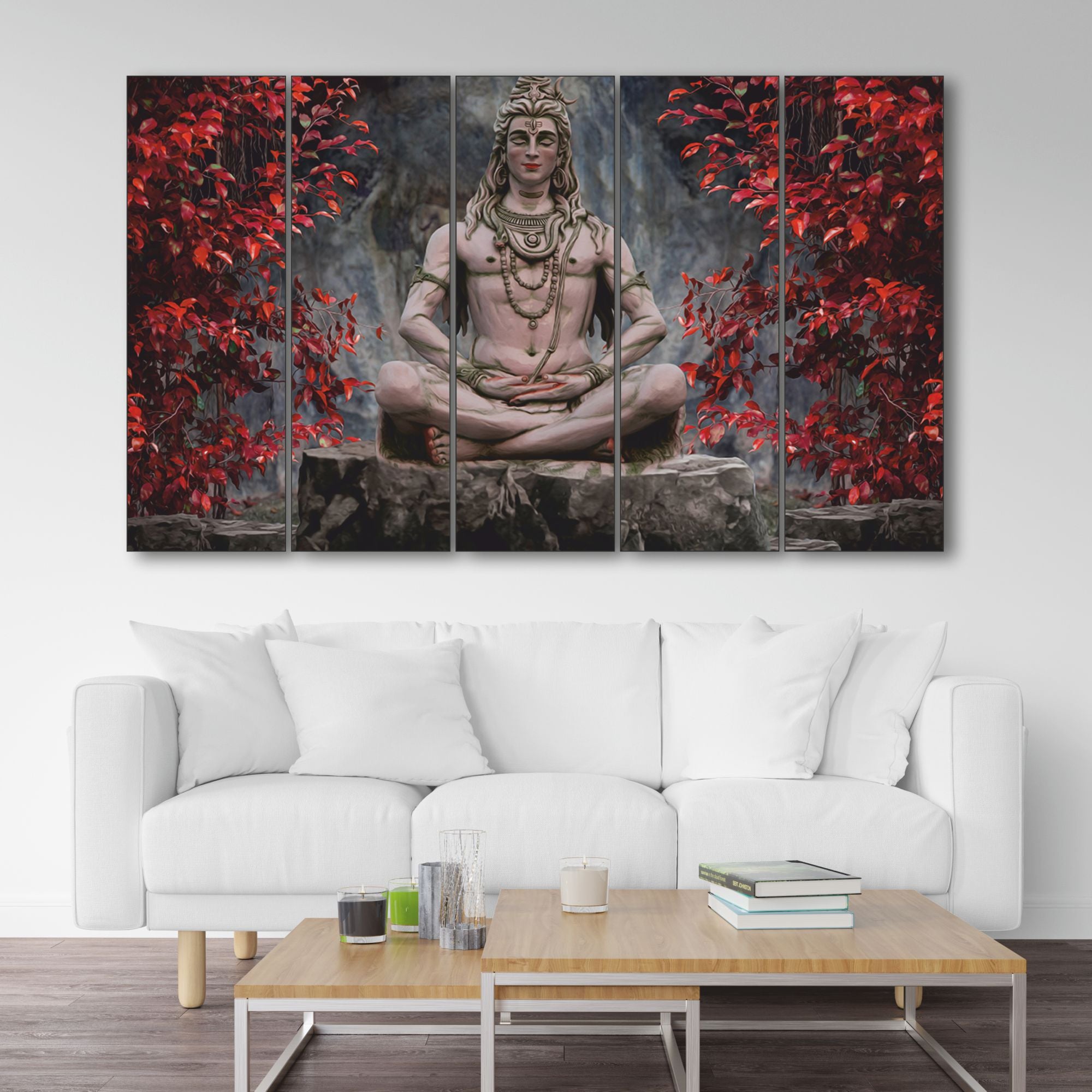 Colour Lord Shiva Meditating Set of 5 Big Size Multiple Frames Wall Art Painting for living room,Bedroom,Drawing room,Hotels-Wooden Framed-Digital Painting