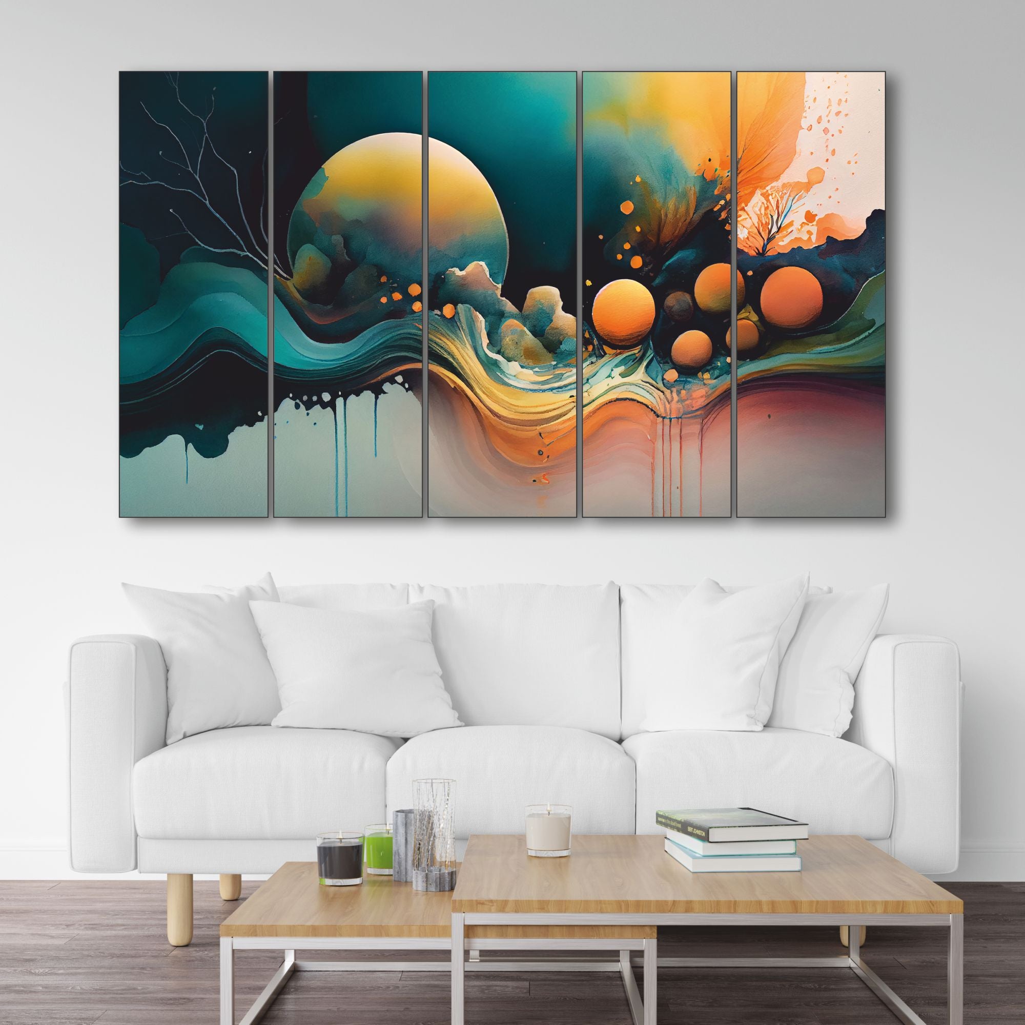 Beautiful Multicolour Abstarct Art Set of 5 Big Size Multiple Frames Wall Art Painting for living room,Bedroom,Drawing room,Hotels-Wooden Framed-Digital Painting