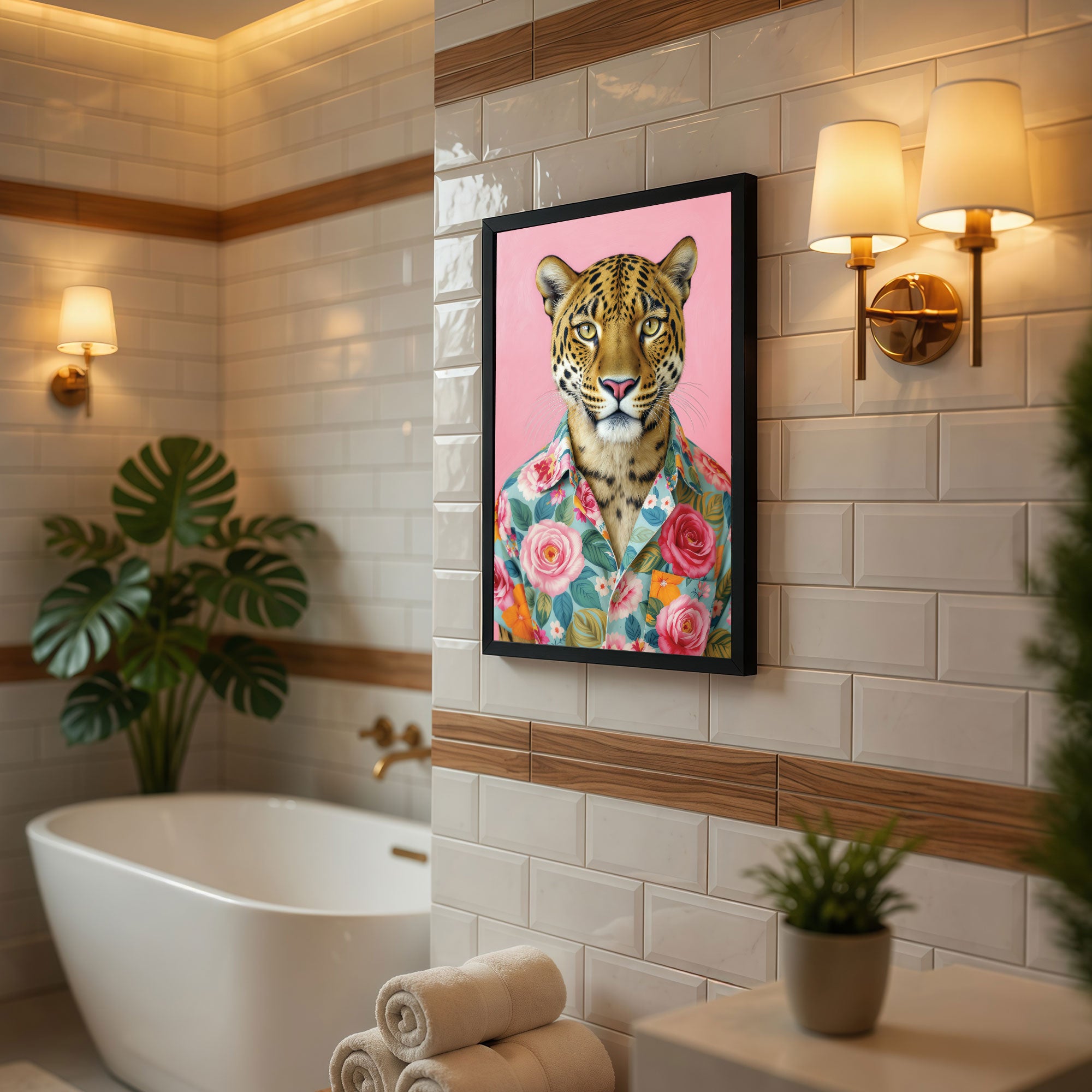 The Castle Decor Stylish Leopard in Floral Hawaiian Shirt Framed Wall Art – Cool Jungle Wild Cat Portrait Framed Poster, Vibrant Pink Bathroom & Living Room Wall Decor