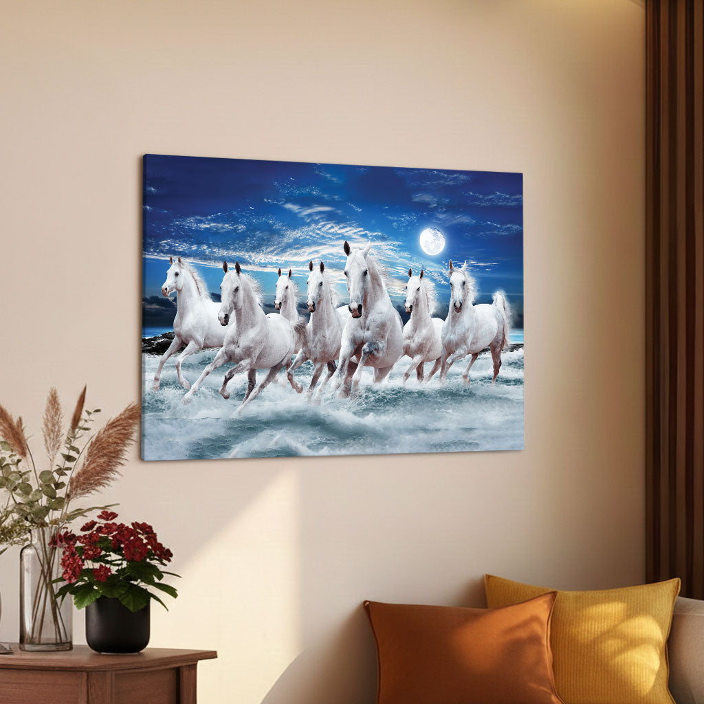 The Castle Decor 7 Running White Horses Wall Painting, Sunrise Sunset Theme, Vastu Wall Art for Living Room, Office, Bedroom Decor 16x24 1006
