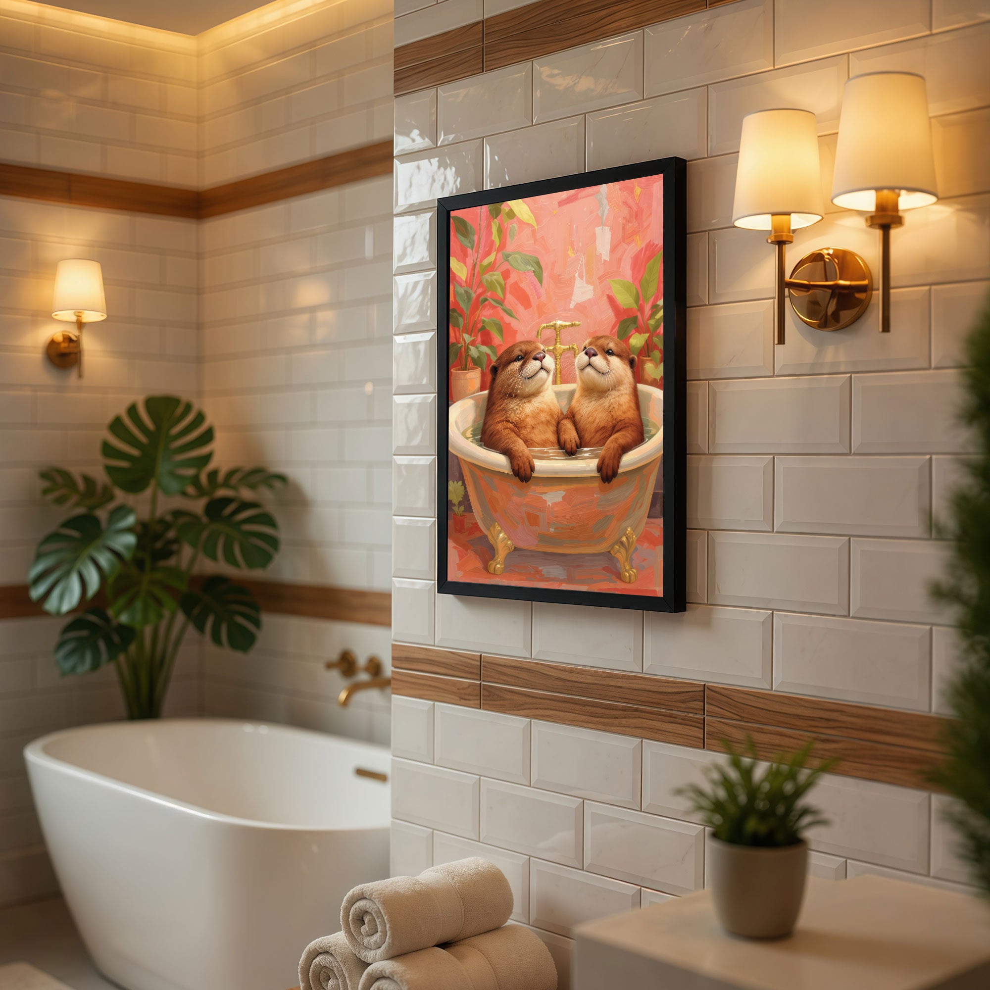 The Castle Decor Adorable Otter Bath Wall Art | Cute Animal Bathroom Painting | Modern Pink Bathroom Decor | Framed Funny Wall Poster