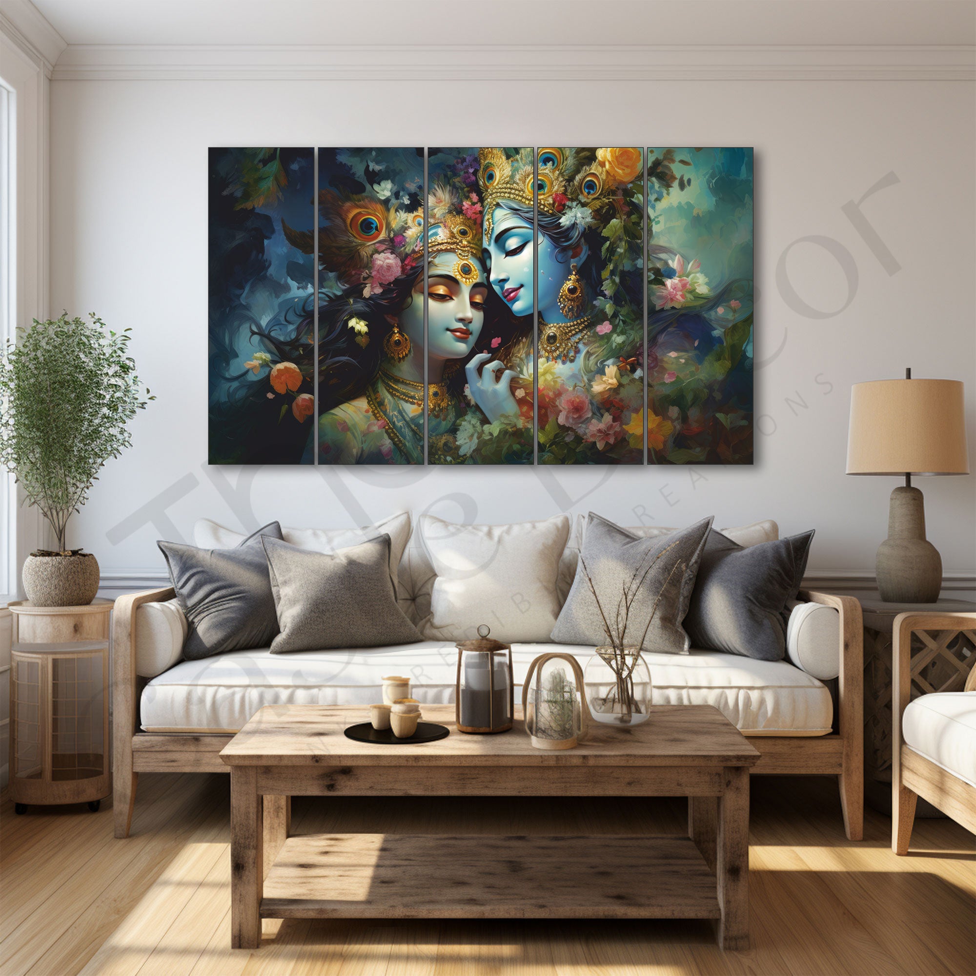 Radha krishana Set of 5 Big Size Multiple Frames Wall Art Painting for living room,Bedroom,Drawing room,Hotels-Wooden Framed-Digital Painting
