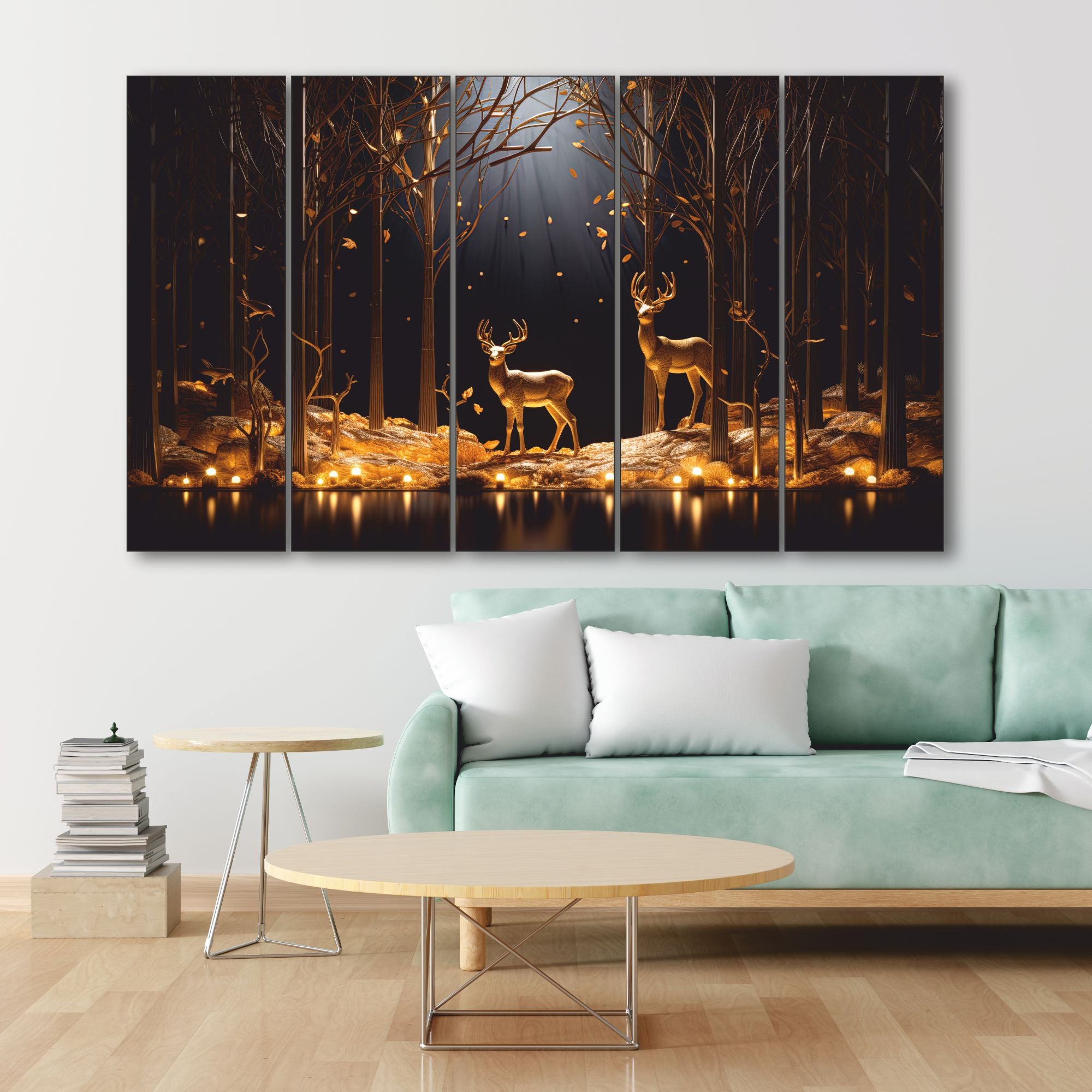 Black golden deer Set of 5 Big Size Multiple Frames Wall Art Painting for living room,Bedroom,Drawing room,Hotels-Wooden Framed-Digital Painting