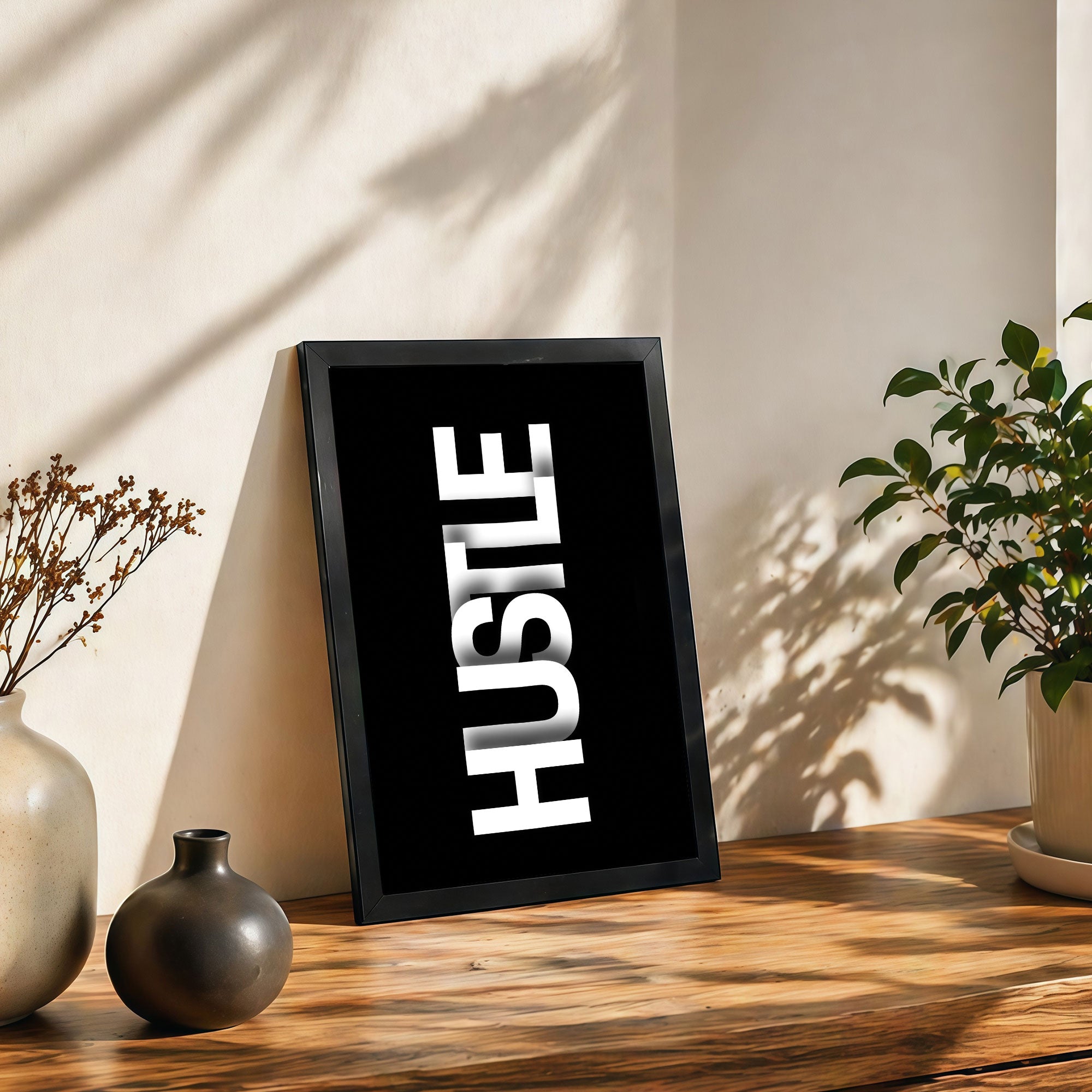 The Castle Decor Hustle Motivational Wall Art Frame | Bold Typography Poster for Gym, Office, Study Room | Black Minimal Inspirational Wall Décor HD Print