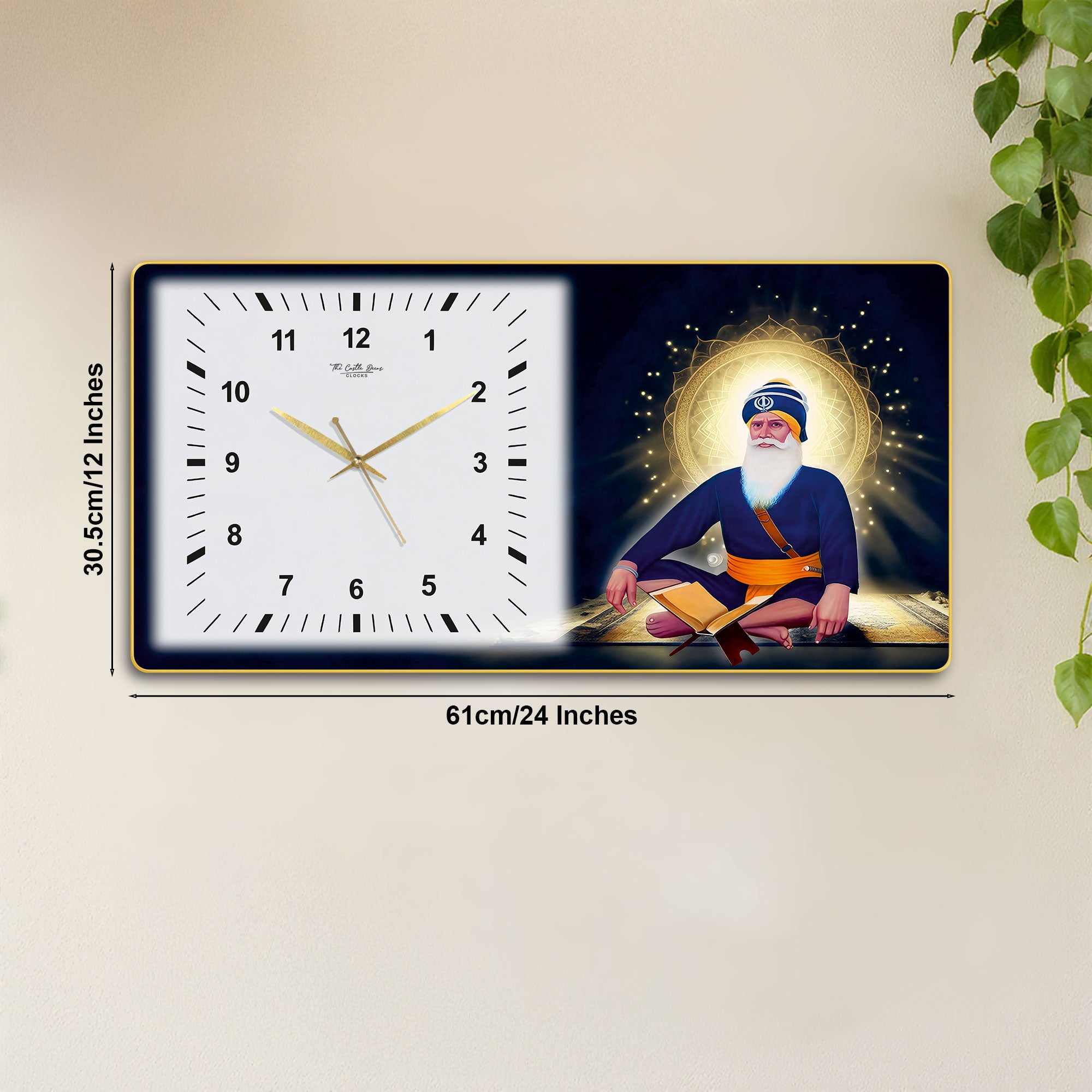The Castle Decor Baba Deep Singh Ji Wall Clock 24x12 Inch, Silent Sweep Non-Ticking Decorative Clock with Golden Slim Frame