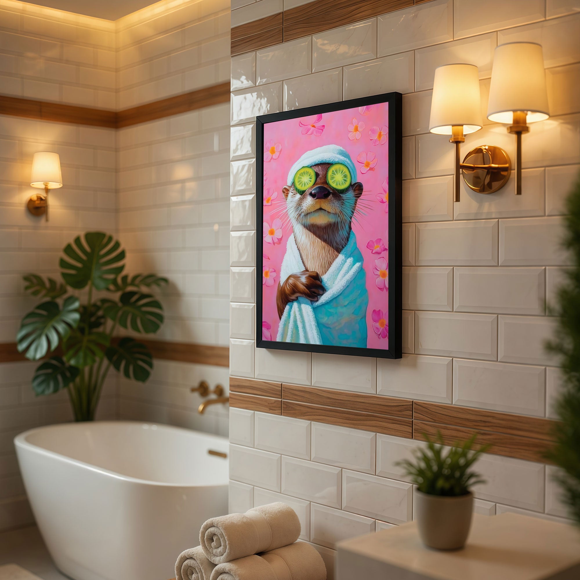 The Castle Decor Cute Spa Otter Wellness Bathroom Framed Wall Art – Funny Animal wrapped in Towel with Cucumbers Framed Poster, Quirky Pink Restroom Decor, Relatable Self Care Art