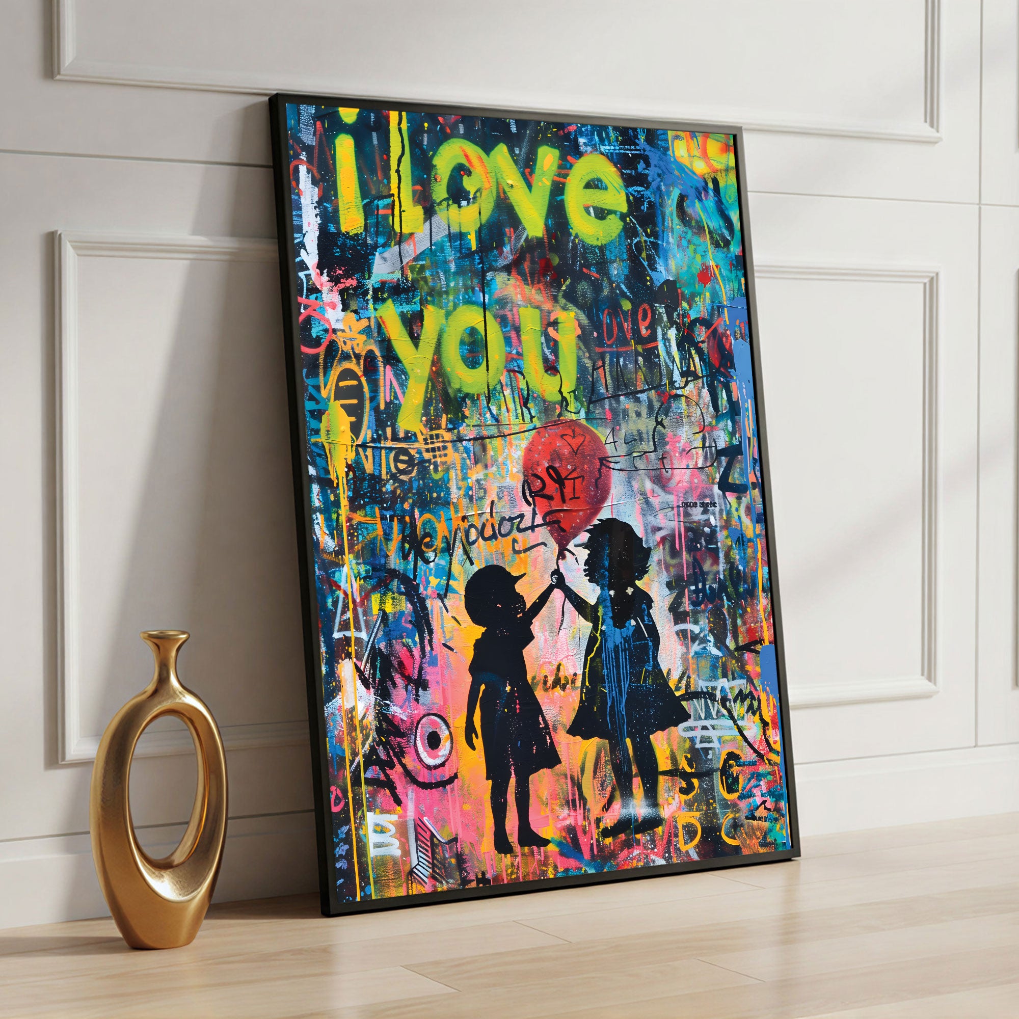 The Castle Decor Love You Street Art Wall Art – Romantic Graffiti Silhouette with Heart Balloon, Premium Sparkle Finish, 20×30 Inch Wall Décor for Bedroom & Living Space