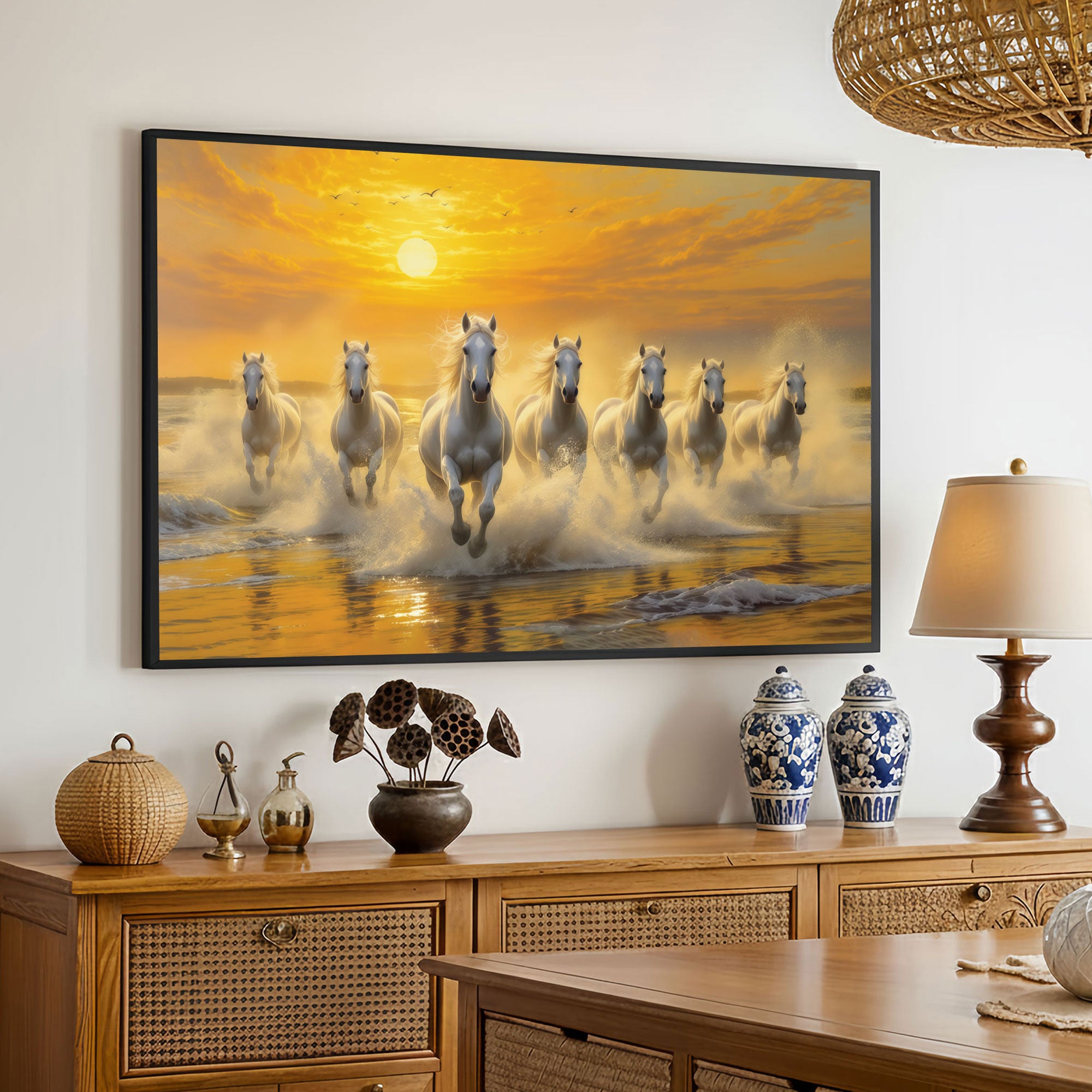 The Castle Decor 7 Running White Horses Wall Painting, Sunrise Sunset Theme, Vastu Wall Art for Living Room, Office, Bedroom Decor 20X30  inch -1002