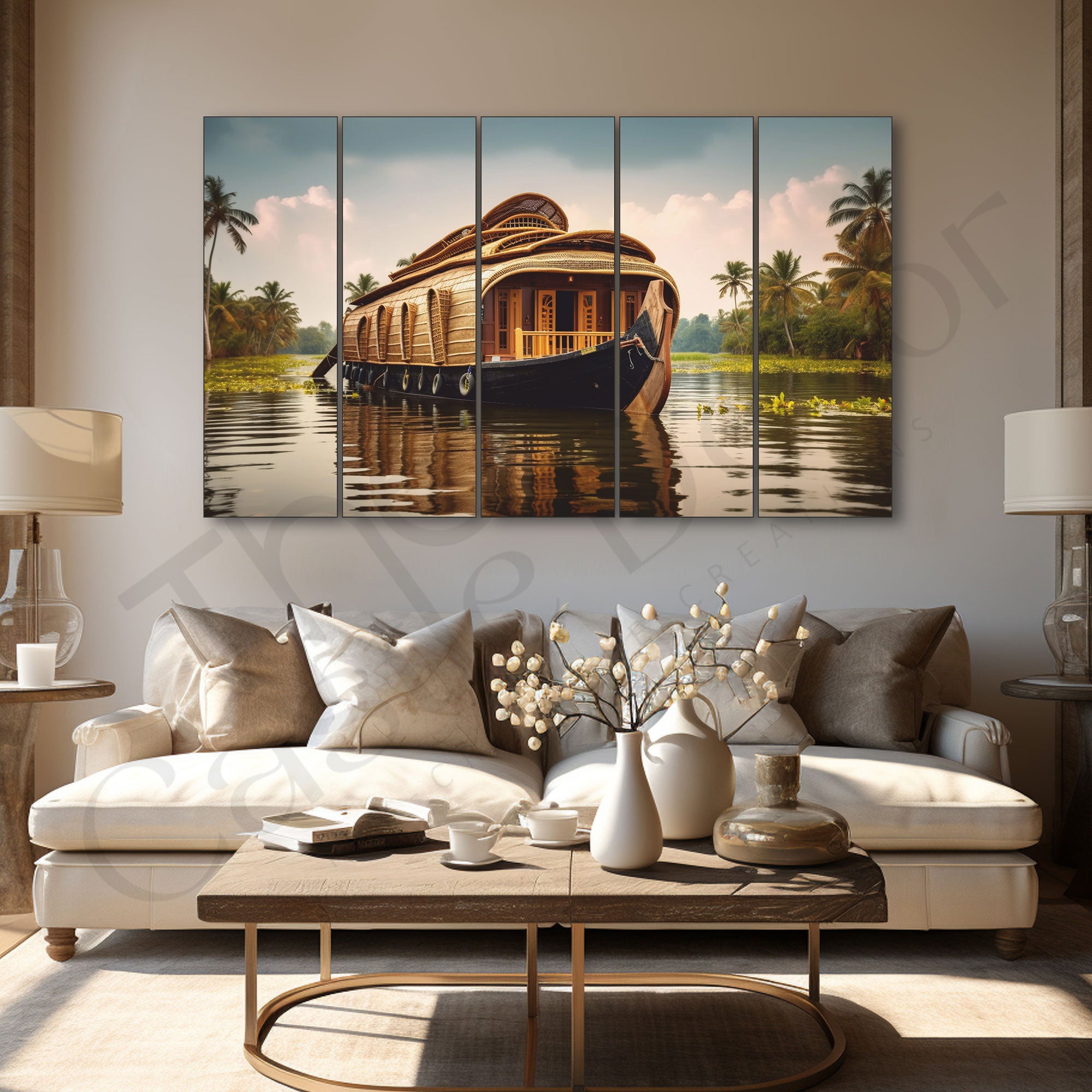 Kerala Houseboat Painting Set of 5 for Home Decoration