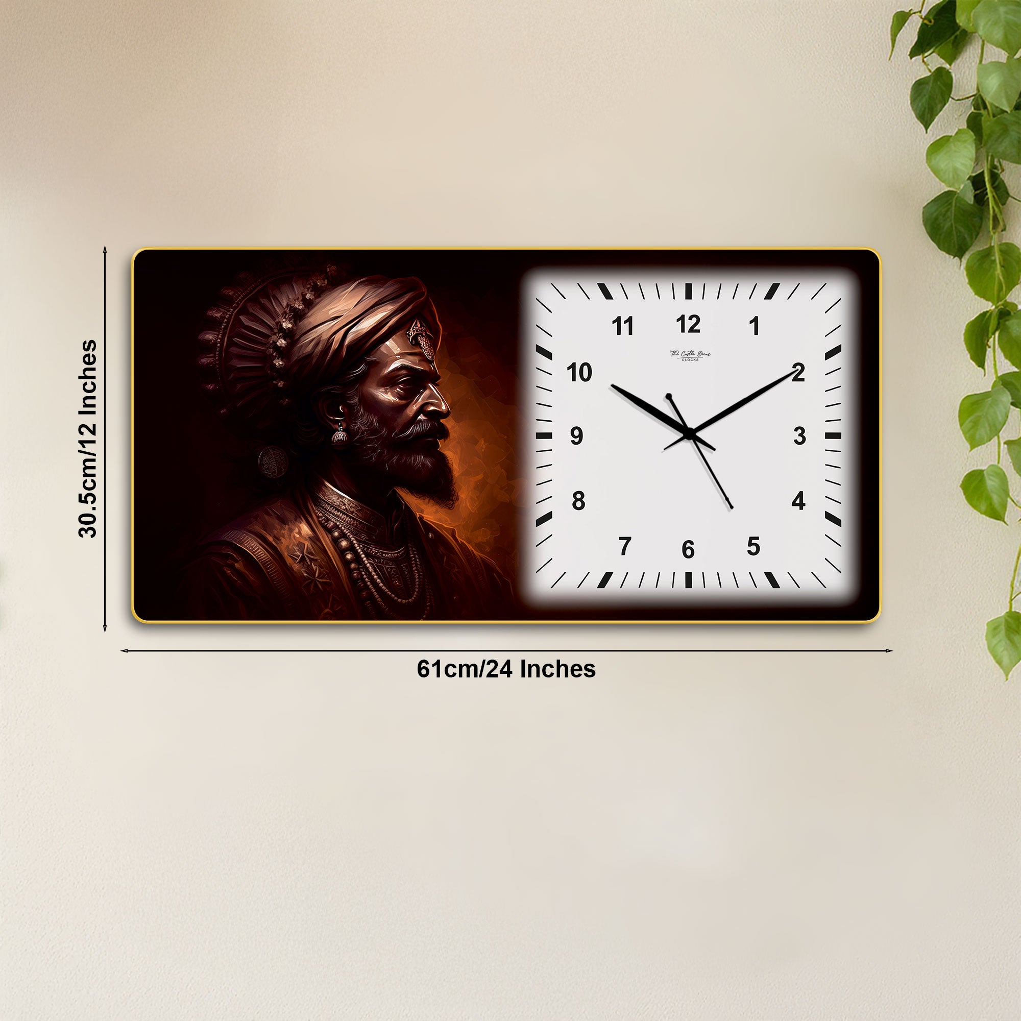 The Castle Decor Chhatrapati Shivaji Maharaj Decorative Wall Clock 24x12 Inch, Silent Sweep Non-Ticking Modern Wall Clock with Golden Slim Frame