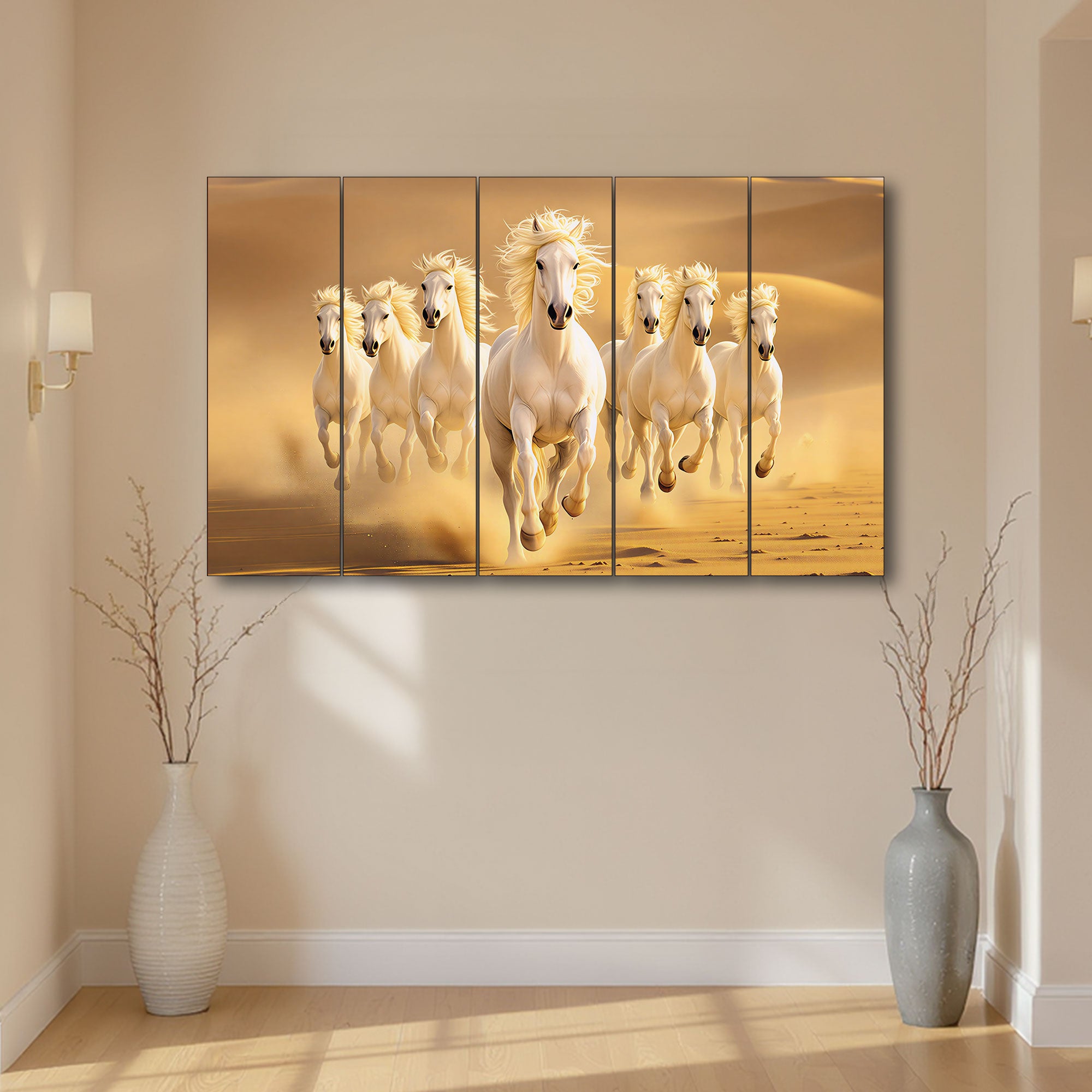 The Castle Decor Running White Horses in Golden Desert Wall Art, 5 Panel Vastu Painting for Home & Office Decor-2 36X60