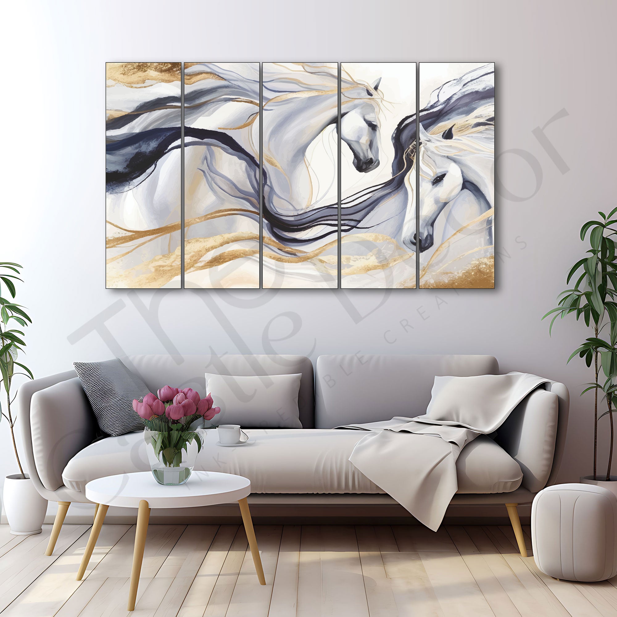 Modern golden horses painting with frame 5 Big Size Multiple Frames Wall Art Painting for living room,Bedroom,Drawing room,Hotels-Wooden Framed-Digital Painting