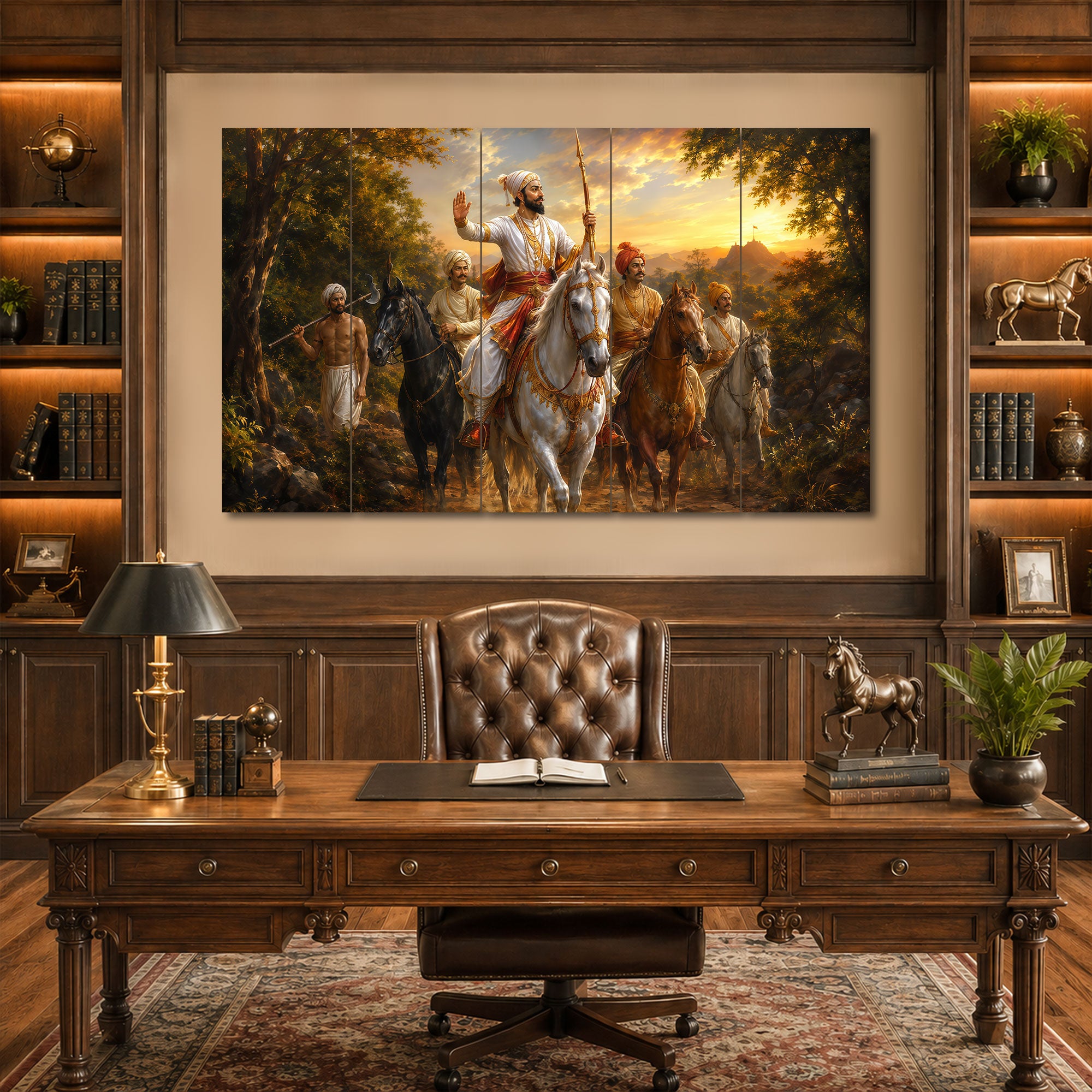 The Castle Decor Chhatrapati Shivaji Maharaj Horse Ride 5 Panel Sparkle Finish MDF Wall Painting  Maratha Warrior Home Office Decoration