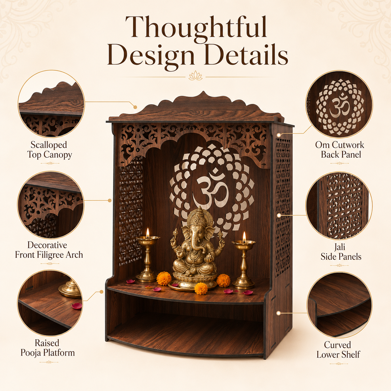 The Castle Decor Wooden Mandir for Home, Wall Hanging & Tabletop Pooja Temple with Om Cutwork Back Panel, Open Storage Shelf, Mandir for Pooja Room, Office, Hostel & Apartment, 16.5 x 24.5 x 10.5 Inch