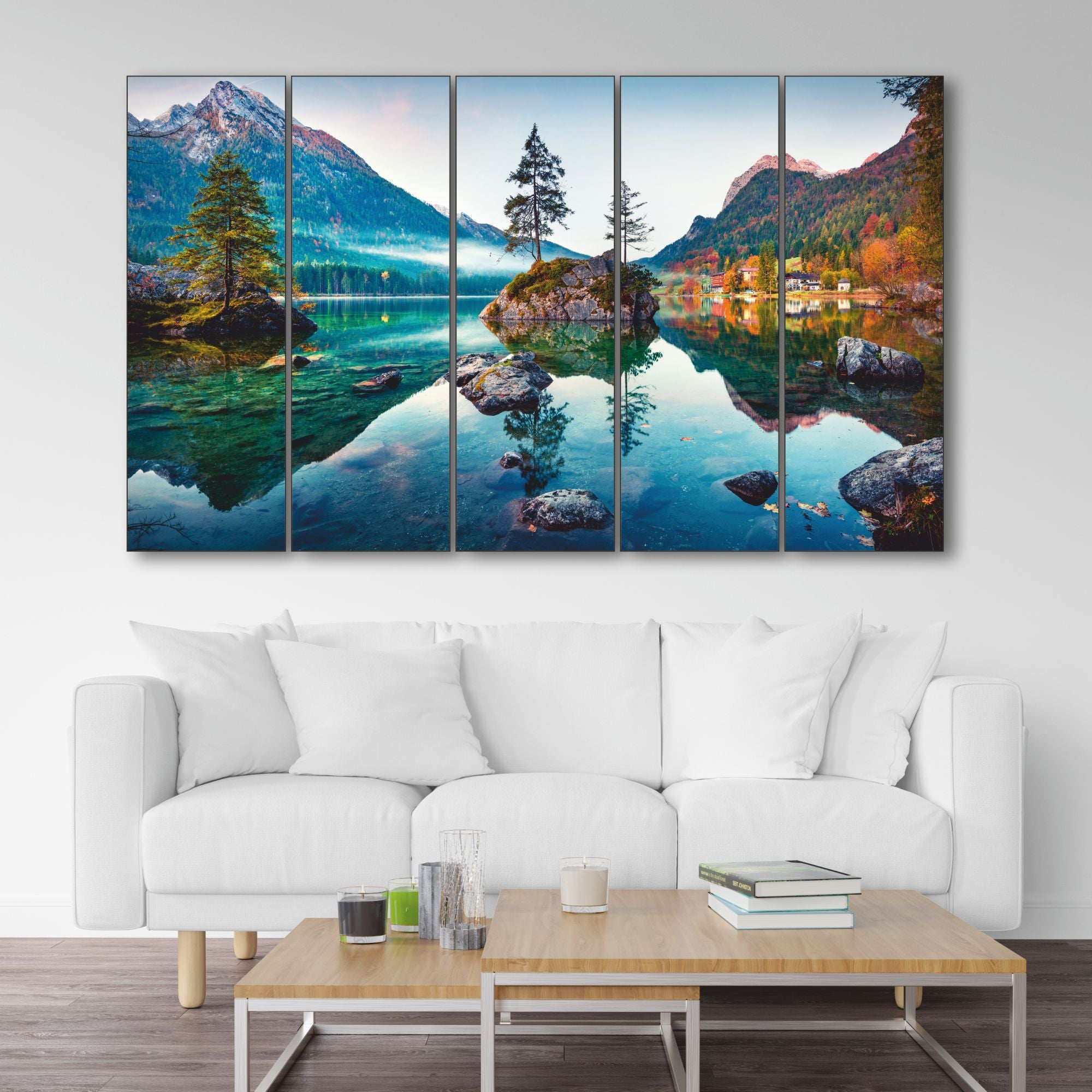 Beautiful Autumn scene of Hintersee Set of 5 Big Size Multiple Frames Wall Art Painting for living room,Bedroom,Drawing room,Hotels-Wooden Framed-Digital Painting