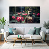 Lord Buddha with Lotus Set of 5 Big Size Multiple Frames Wall Art Painting for living room,Bedroom,Drawing room,Hotels-Wooden Framed-Digital Painting 36x60