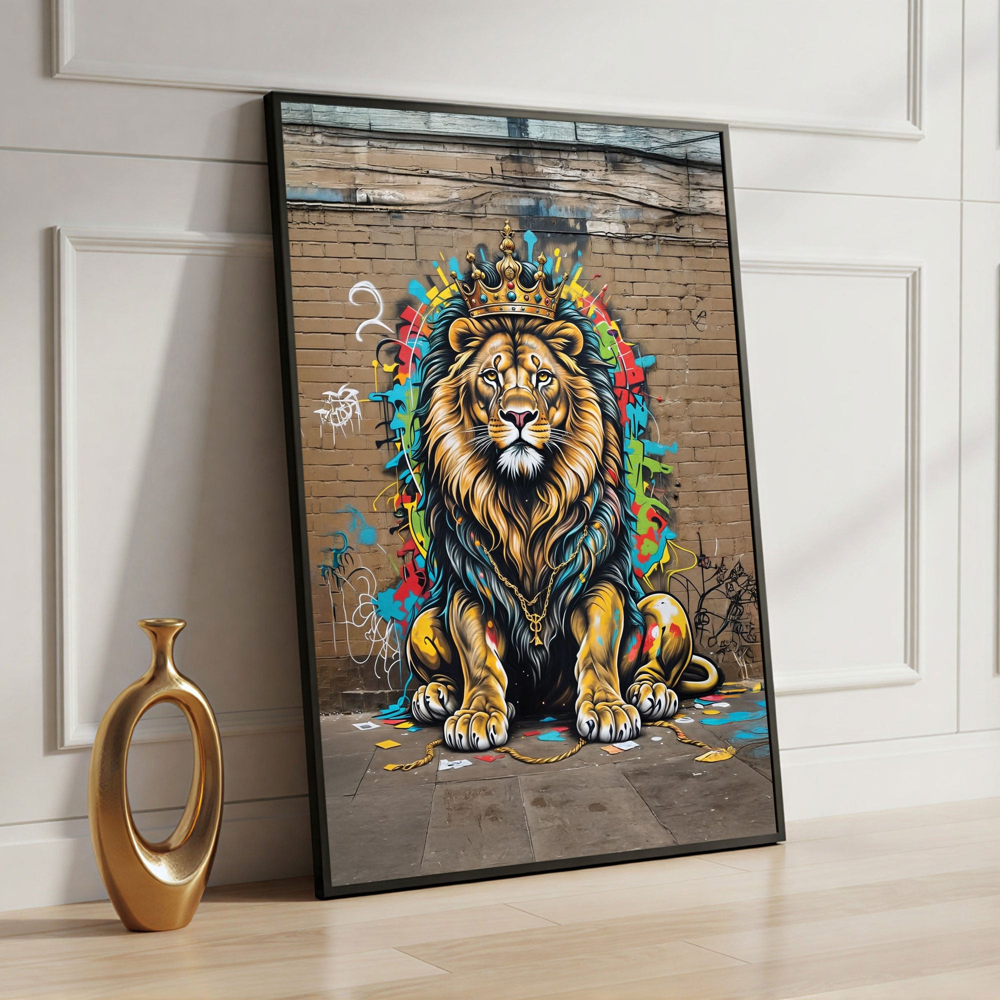 The Castle Decor Street Art Lion King Wall Art Poster, Graffiti Crowned Lion Abstract Artwork with Premium Sparkle Finish, 20×30 Inch Wall Décor for Studio & Office