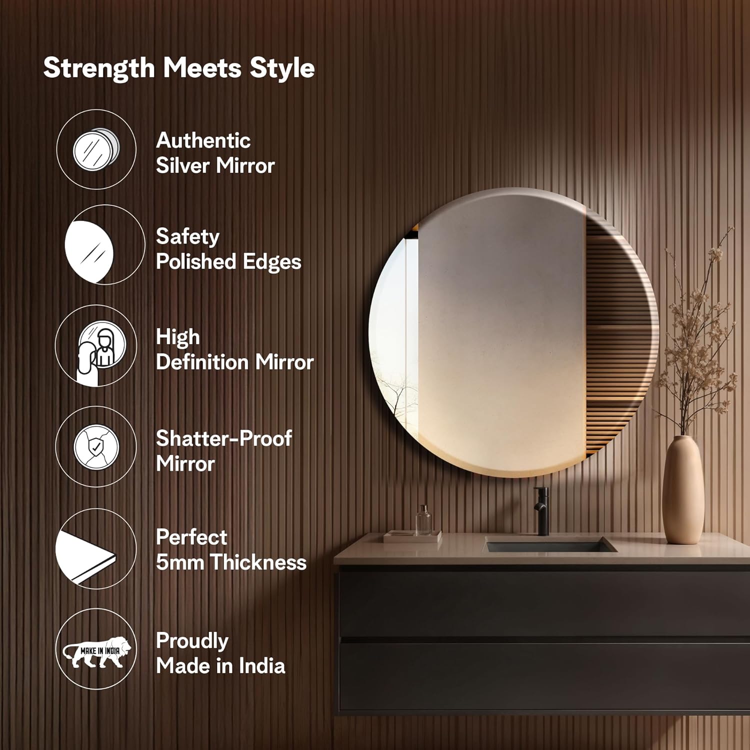 The Castle Decor Round Glass Mirror for Bathroom Wall, Frameless 5mm Silver Glass Mirror with Beveled Edges, 24x24 Inch