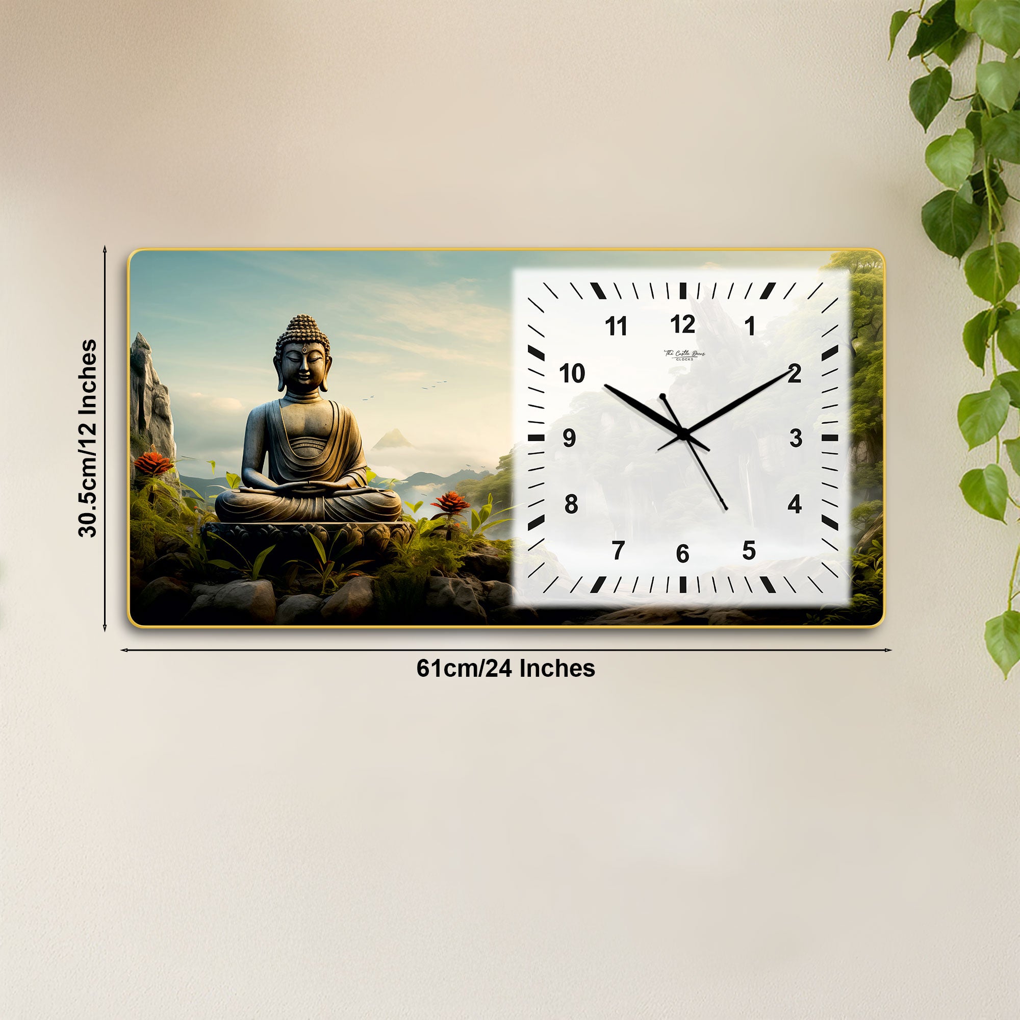 The Castle Decor Buddha Meditation Decorative Wall Clock 24x12 Inch, Silent Sweep Non-Ticking Modern Wall Clock with Golden Slim Frame