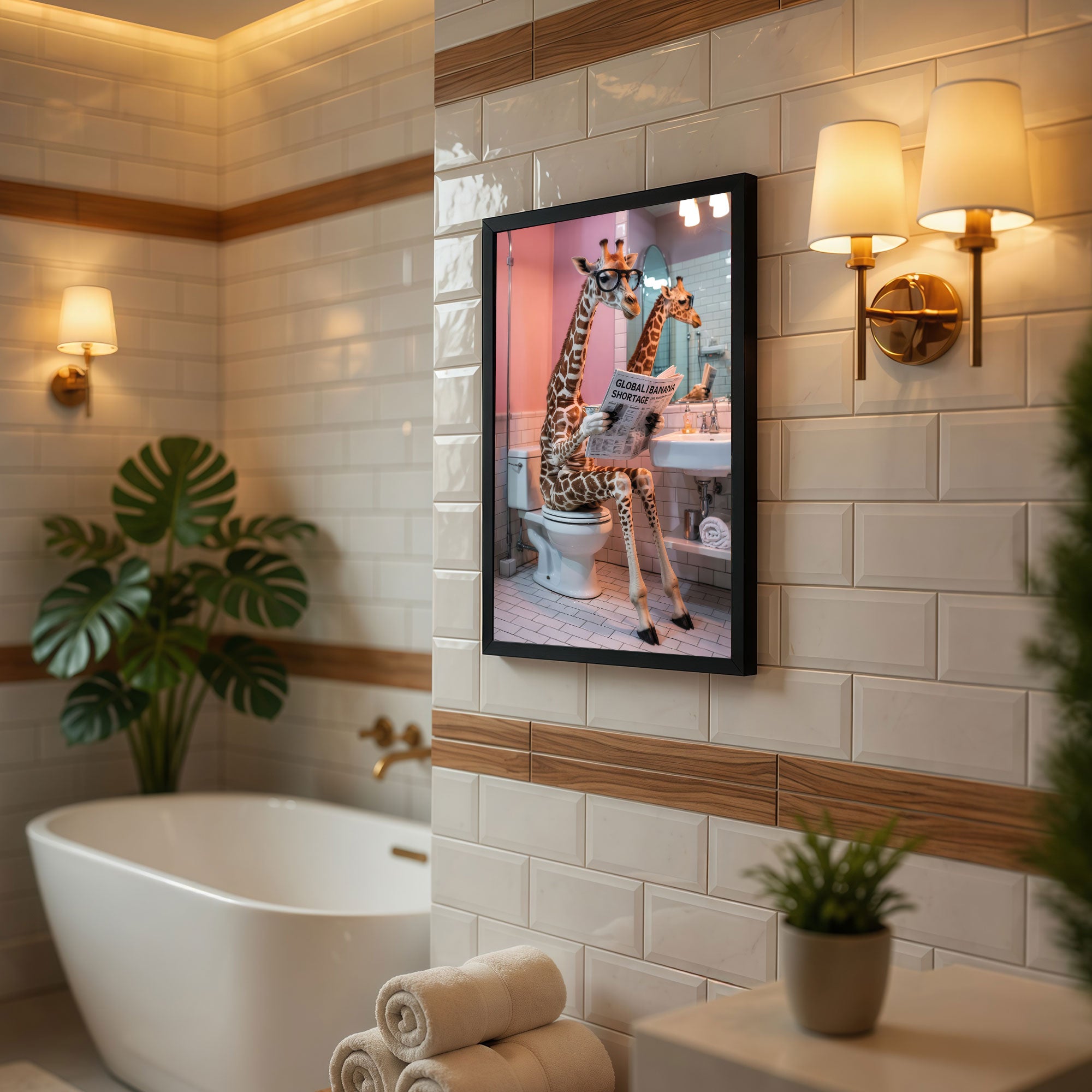 The Castle Decor Quirky Giraffe on Toilet Reading Newspaper Framed Wall Art – Funny Safari Animal in Pink Bathroom Framed Poster, Modern Humorous Restroom Wall Decor