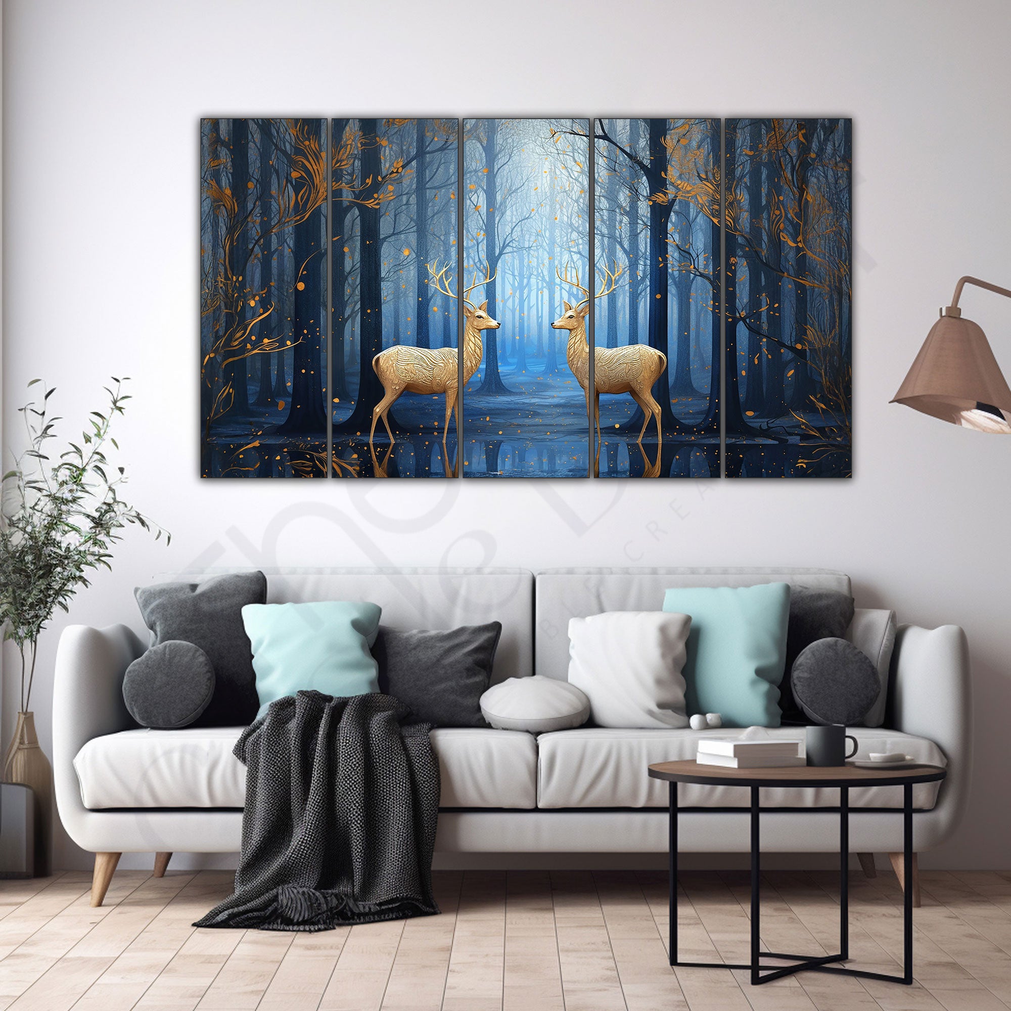 Golden deer wall Set of 5 Big Size Multiple Frames Wall Art Painting for living room,Bedroom,Drawing room,Hotels-Wooden Framed-Digital Painting 27x48"