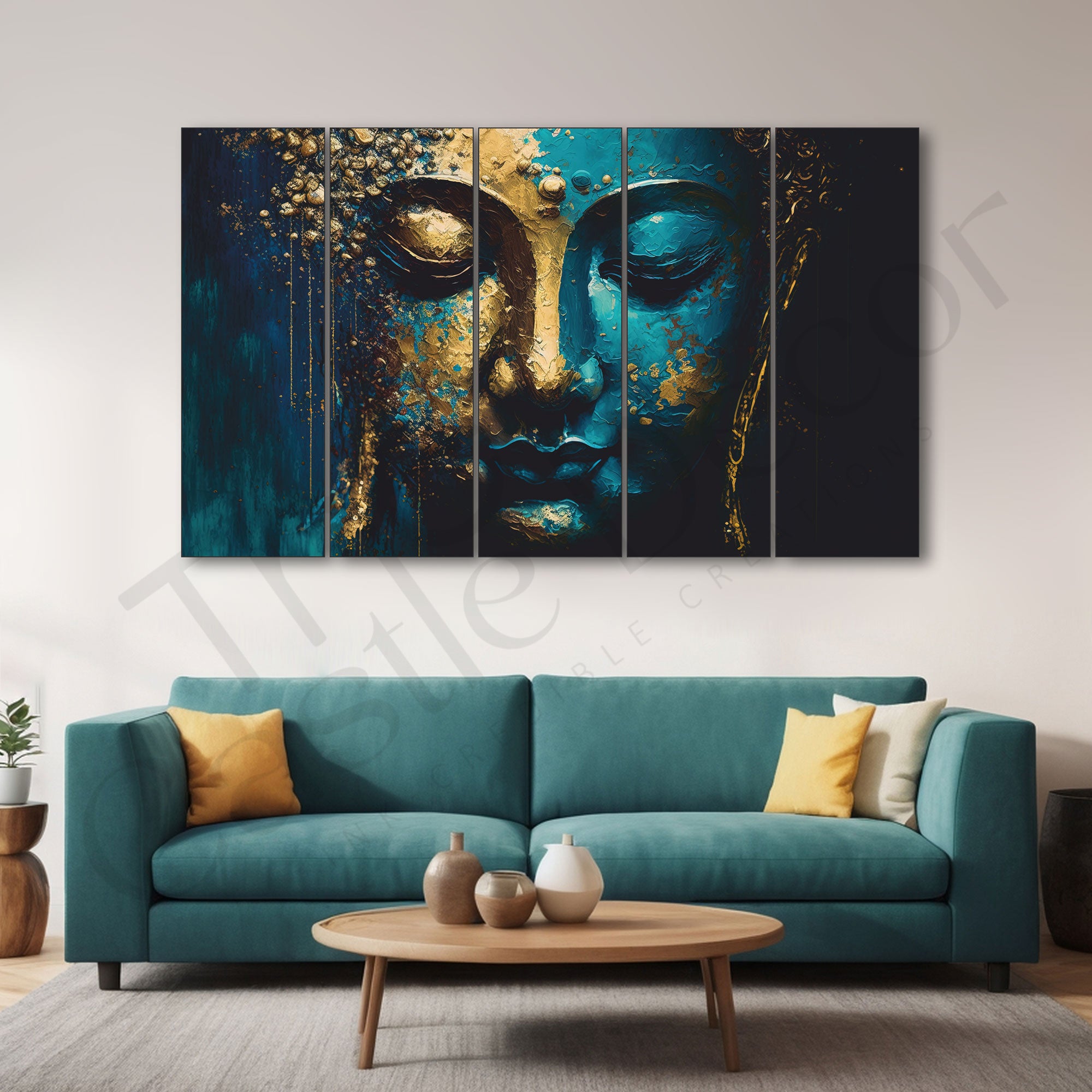 Lord Budha face Golden canvas touch Set of 5 Big Size Multiple Frames Wall Art Painting for living room,Bedroom,Drawing room,Hotels-Wooden Framed-Digital Painting