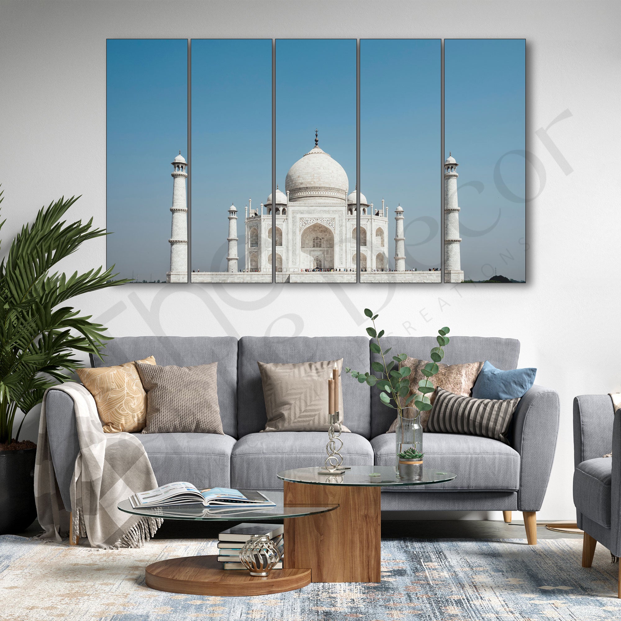 Taj Mahal view Set of 5 Big Size Multiple Frames Wall Art Painting for living room,Bedroom,Drawing room,Hotels-Wooden Framed-Digital Painting 27X48