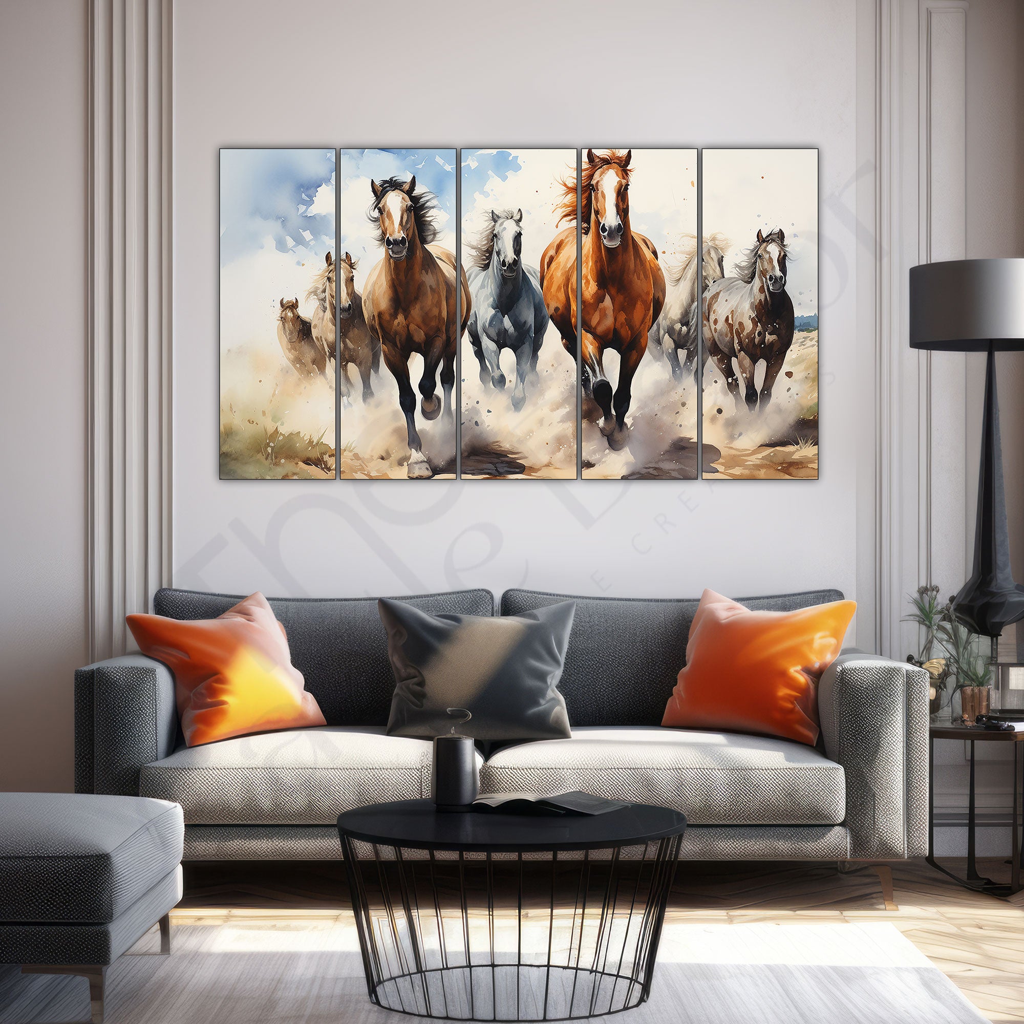 Watercolour 7 Running Vaastu Horses Painting Set of 5 for Home Decoration