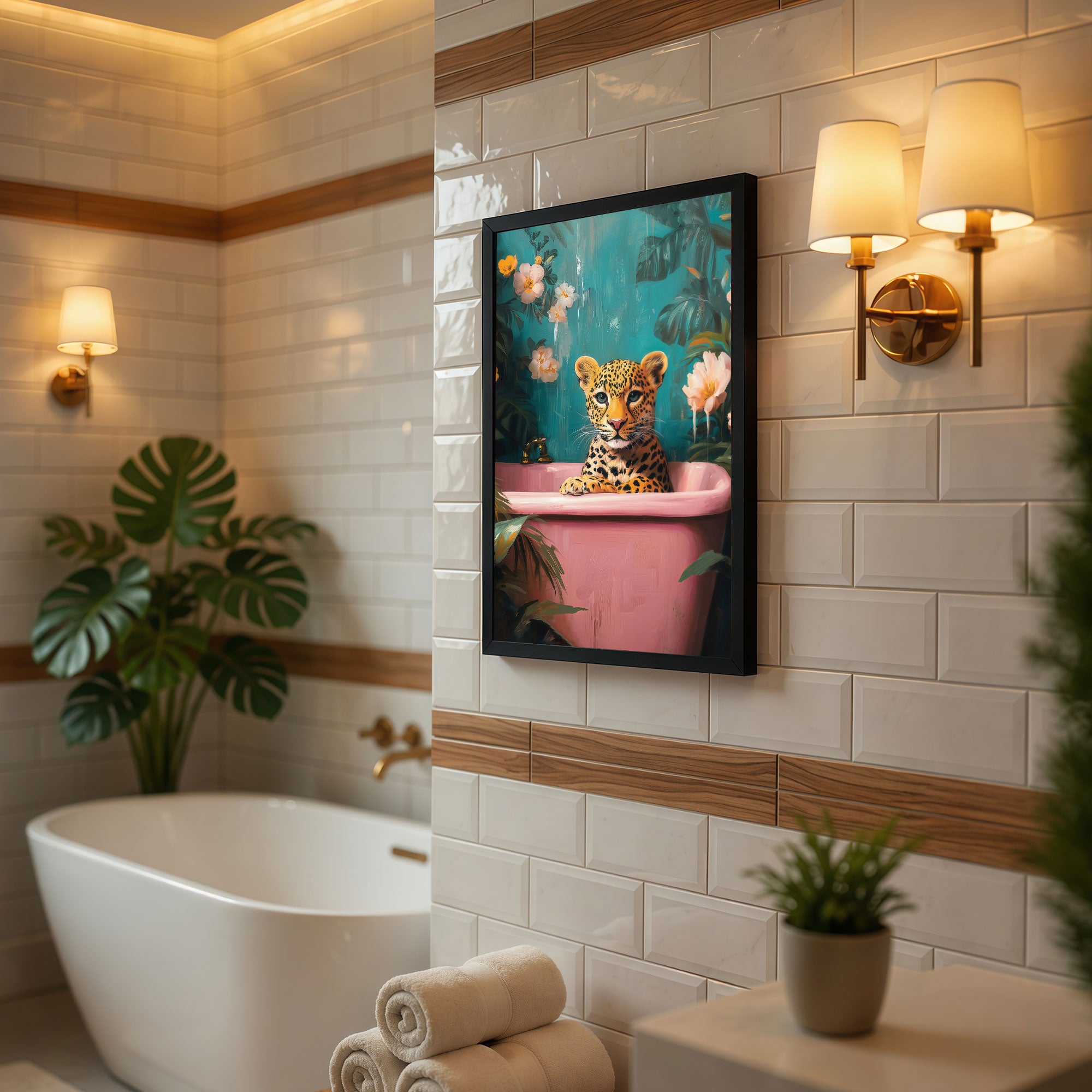 The Castle Decor Cute Leopard in Pink Bathtub Framed Wall Art – Funny Animal Bathroom Decor, Quirky Jungle Wild Cat Framed Poster for Restroom & Powder Room, Humorous Home Decor