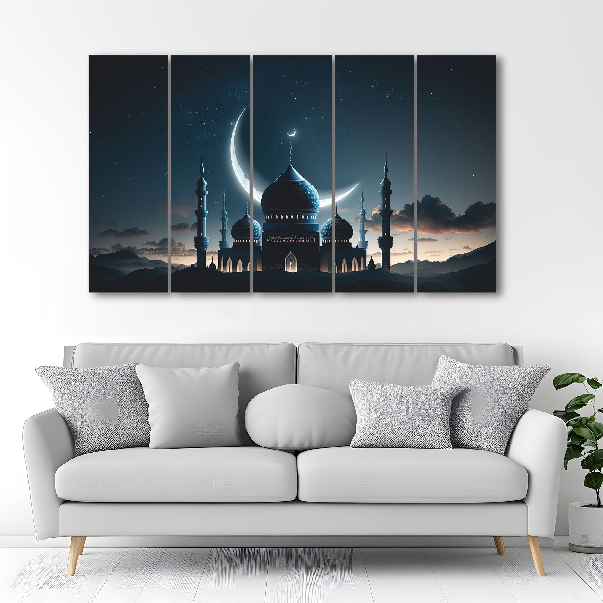 Islamic Wall Art, Beautiful, Mosque skyline Set of 5 Big Size Multiple Frames Wall Art Painting for living room,Bedroom,Drawing room,Hotels-Wooden Framed-Digital Painting 27x48"