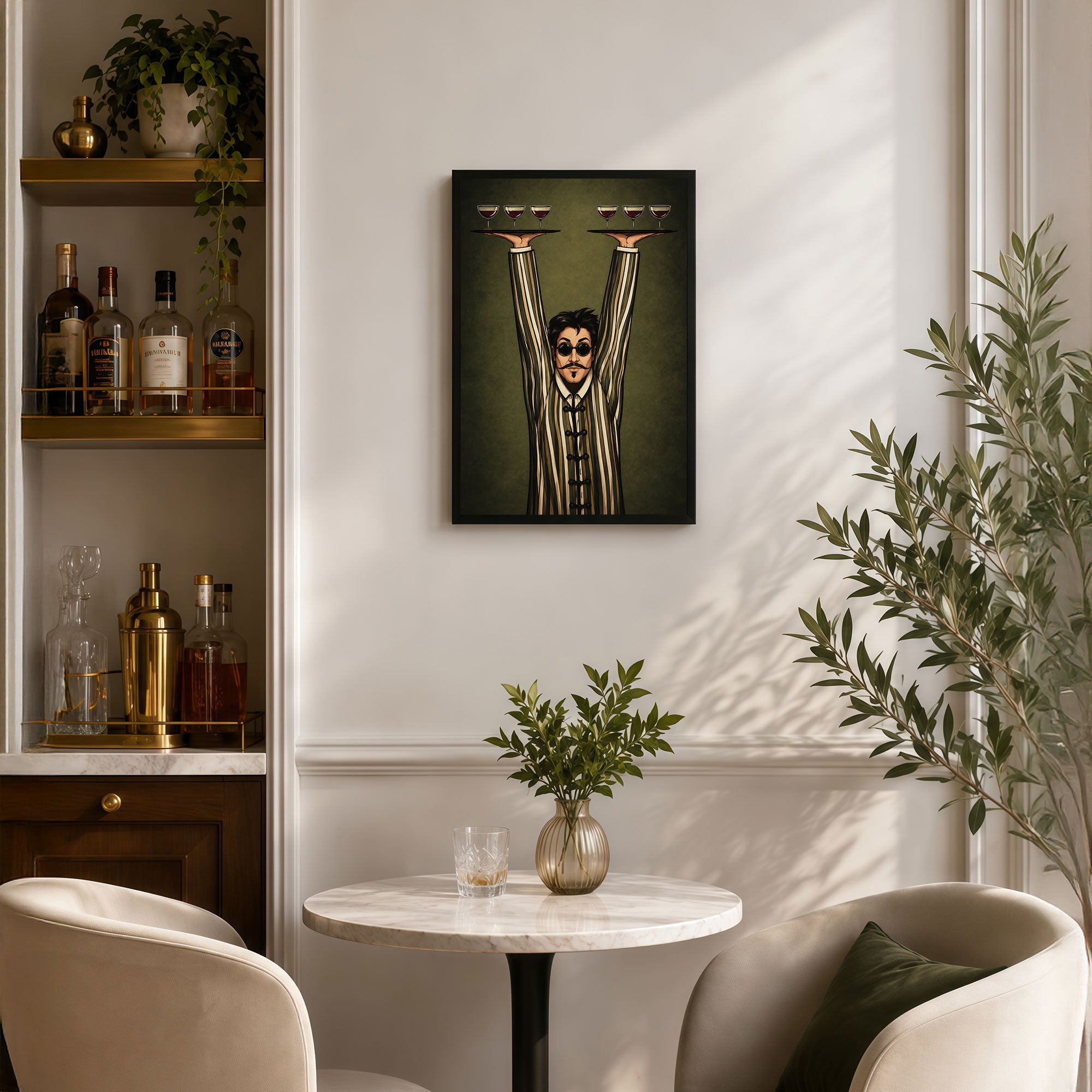 The Castle Decor Vintage Waiter Wine Glass Wall Painting for Bar & Lounge Decor | Premium Framed Art Print for Home Bar, Cafe & Restaurant