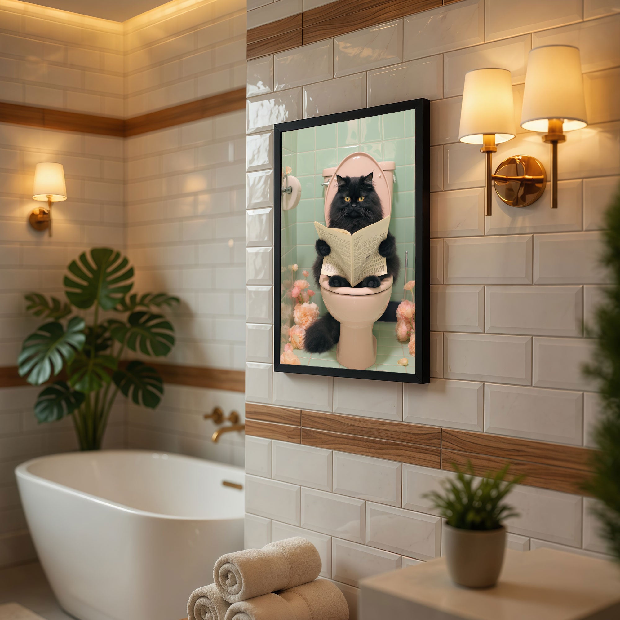 The Castle Decor Funny Black Cat Reading Newspaper on Toilet Framed Wall Art – Fluffy Persian Cat Bathroom Decor, Whimsical Animal Restroom Framed Poster, Humorous Gift for Cat Lovers