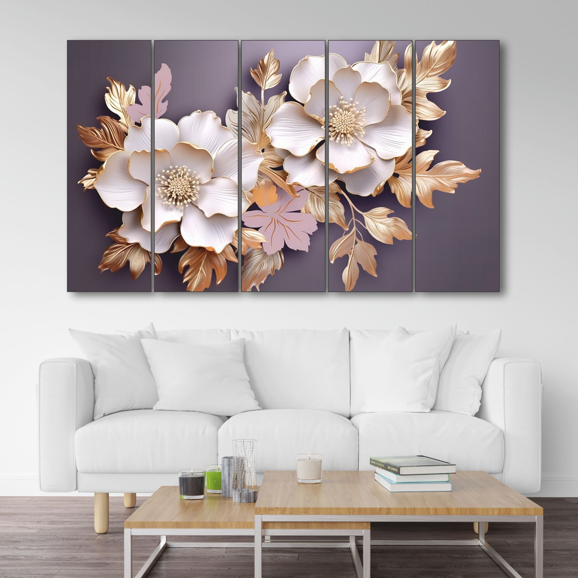 Floral Set of 5 Big Size Multiple Frames Wall Art Painting for living room,Bedroom,Drawing room,Hotels-Wooden Framed-Digital Painting