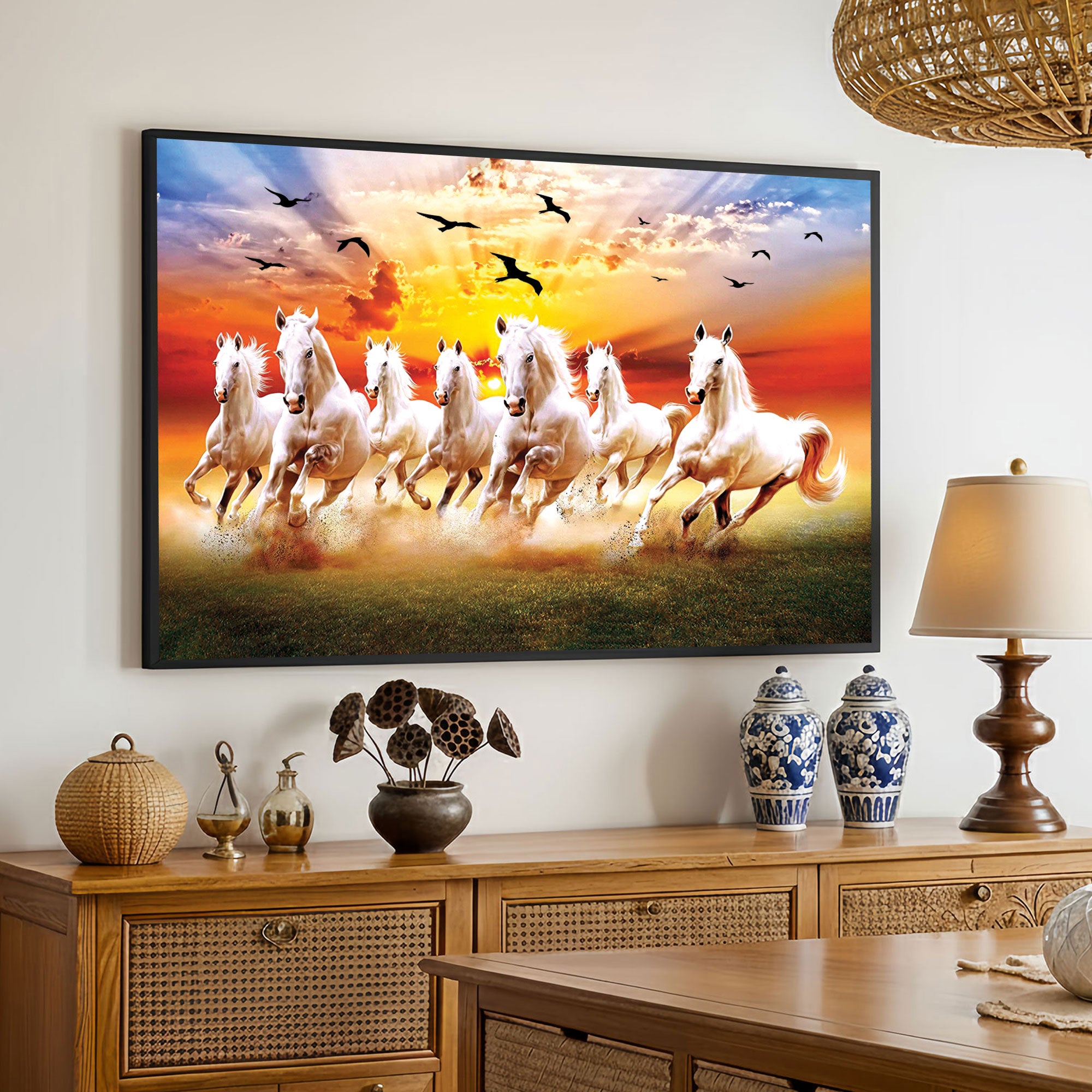 The Castle Decor 7 Running White Horses Wall Painting, Sunrise Sunset Theme, Vastu Wall Art for Living Room, Office, Bedroom Decor 20X30  inch -1003